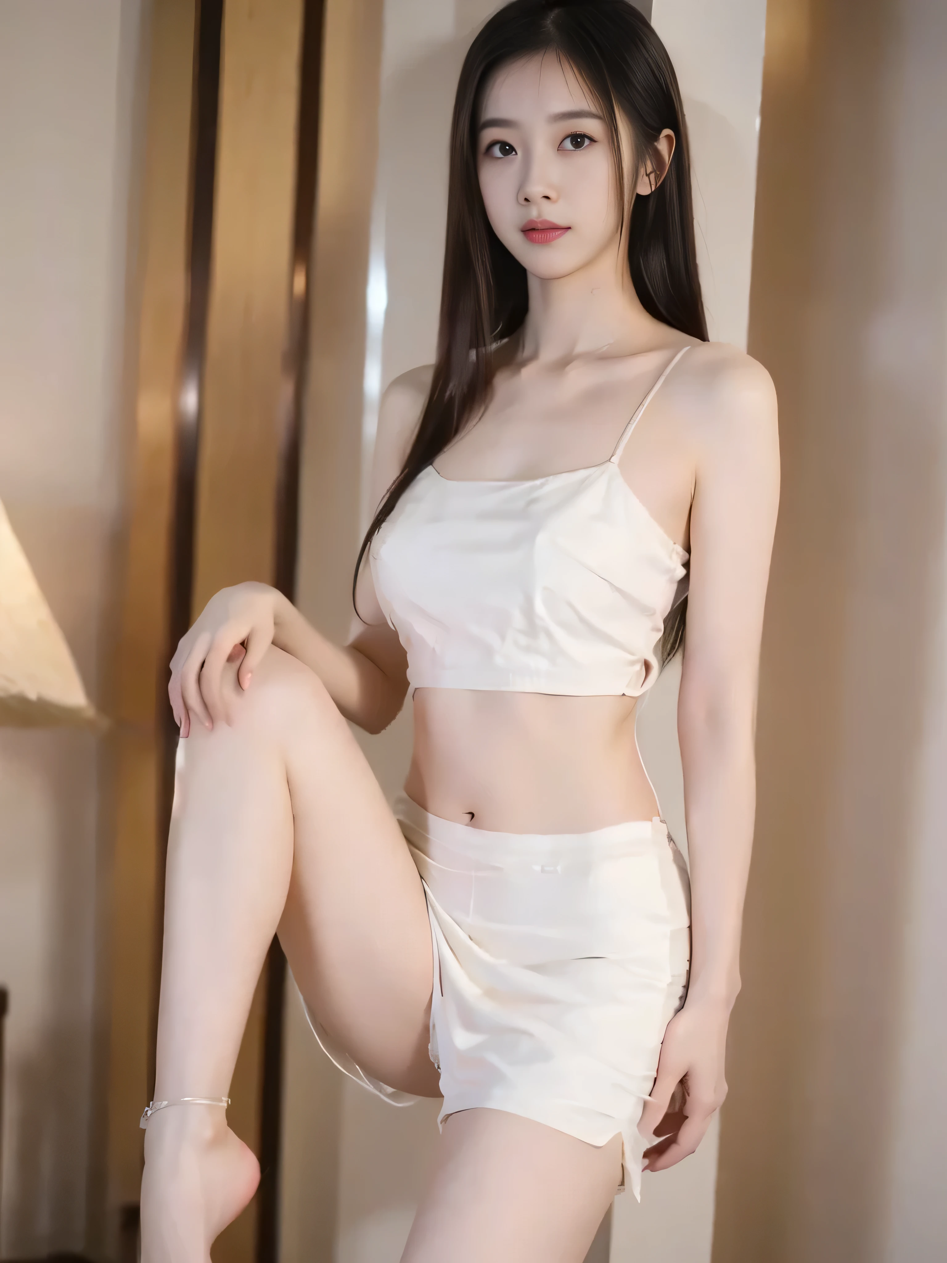 Midshot of beautiful woman, Indian, (pale:1.5) skin, black eyes, dark long hair, side part hairstyle, slim, lady, aristocrat, smiling, without makeup, modern clothes, sitting on a couch
