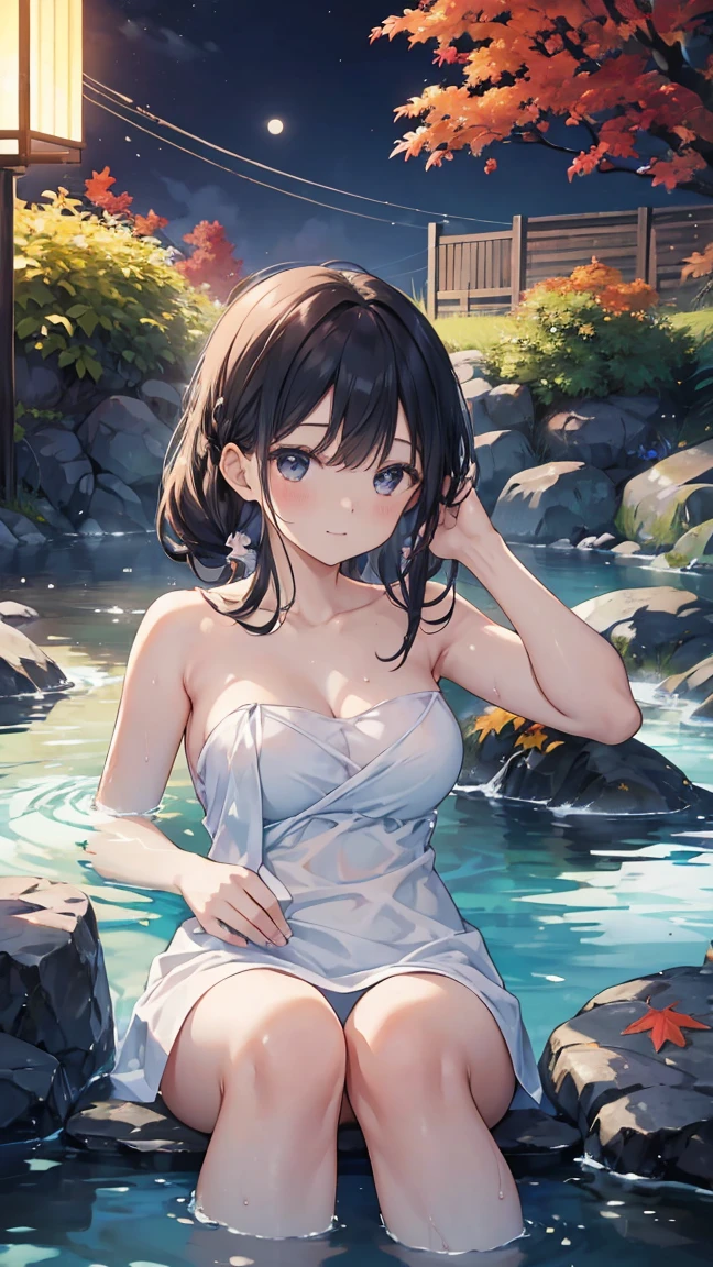 Open-air bath、Rock bath、Black Hair Girl、Braid、The girl has a towel wrapped around her body、Sitting on a rock、Enjoying the view、Blushing、Smiling