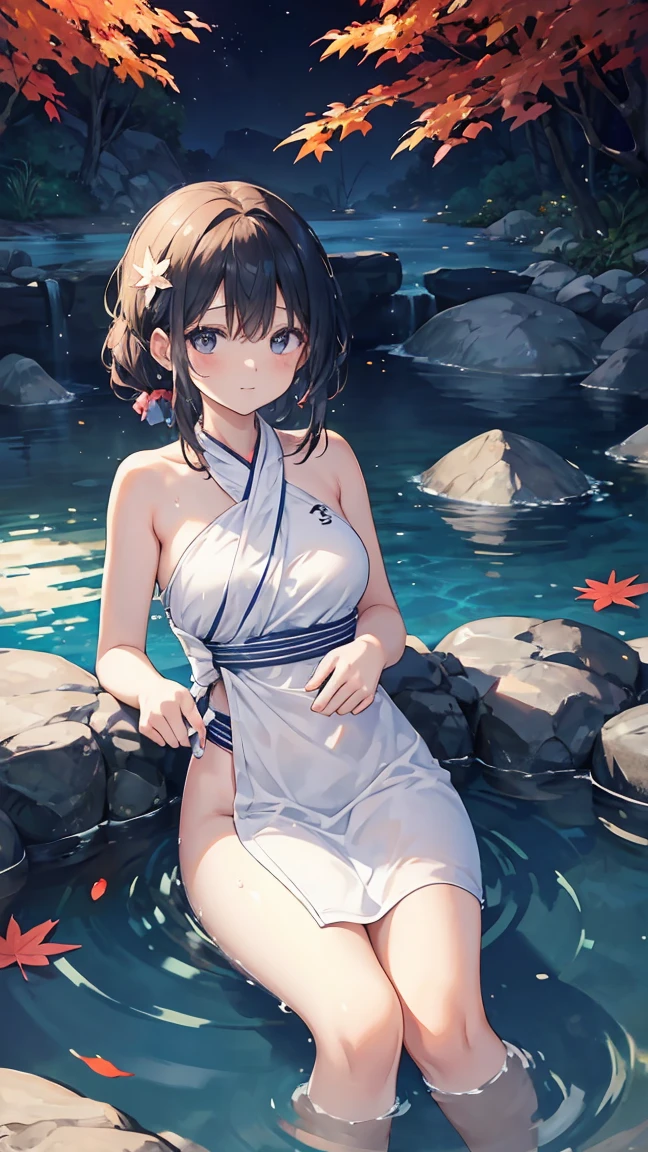 Beautiful woman, cute, A dignified expression, smile, Fleeting Expression, Transparency, ponytail, Forward Shorthair, Black Hair, Blue Hair, Silver Hair, flower, Cool, Clear sky, The wind is blowing, Gradient Hair, Ray Tracing, reflected light, Anime Style, masterpiece, Highest quality, Anatomically correct, Accurate, Super Detail, High resolution, Pink Lips, White skin, The face is facing straight ahead, not turning left or right, Head to leg, naked, lingerie, underwear, hot spring, Change of clothes, bath towel, lure