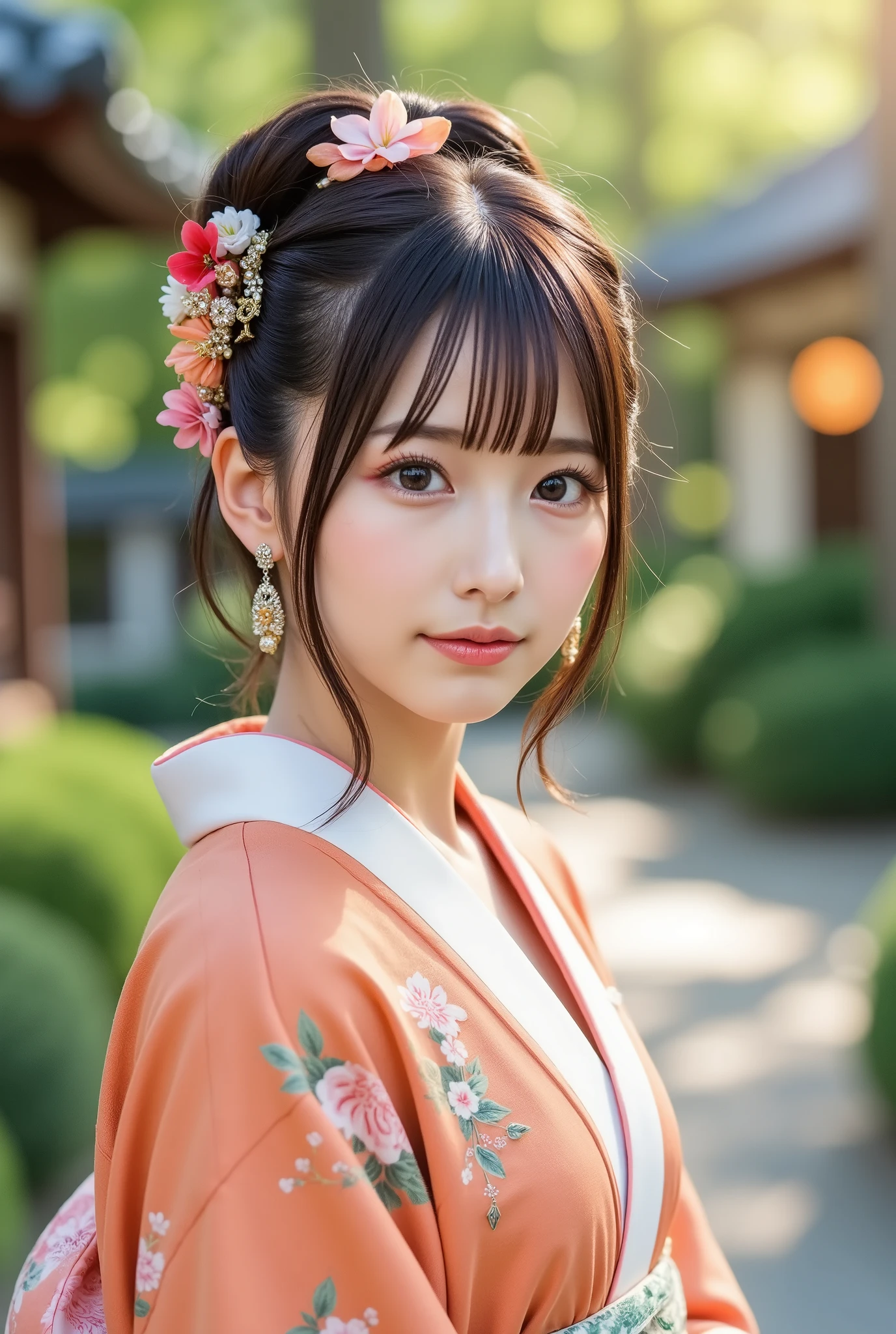 A woman in a soft orange and white kimono with floral patterns stands outdoors in a traditional garden setting. Her hair is styled in a bun with ornate hairpins and flowers. She faces the camera with a gentle smile. The background features greenery and traditional architecture, with soft natural lighting creating a serene and elegant atmosphere.