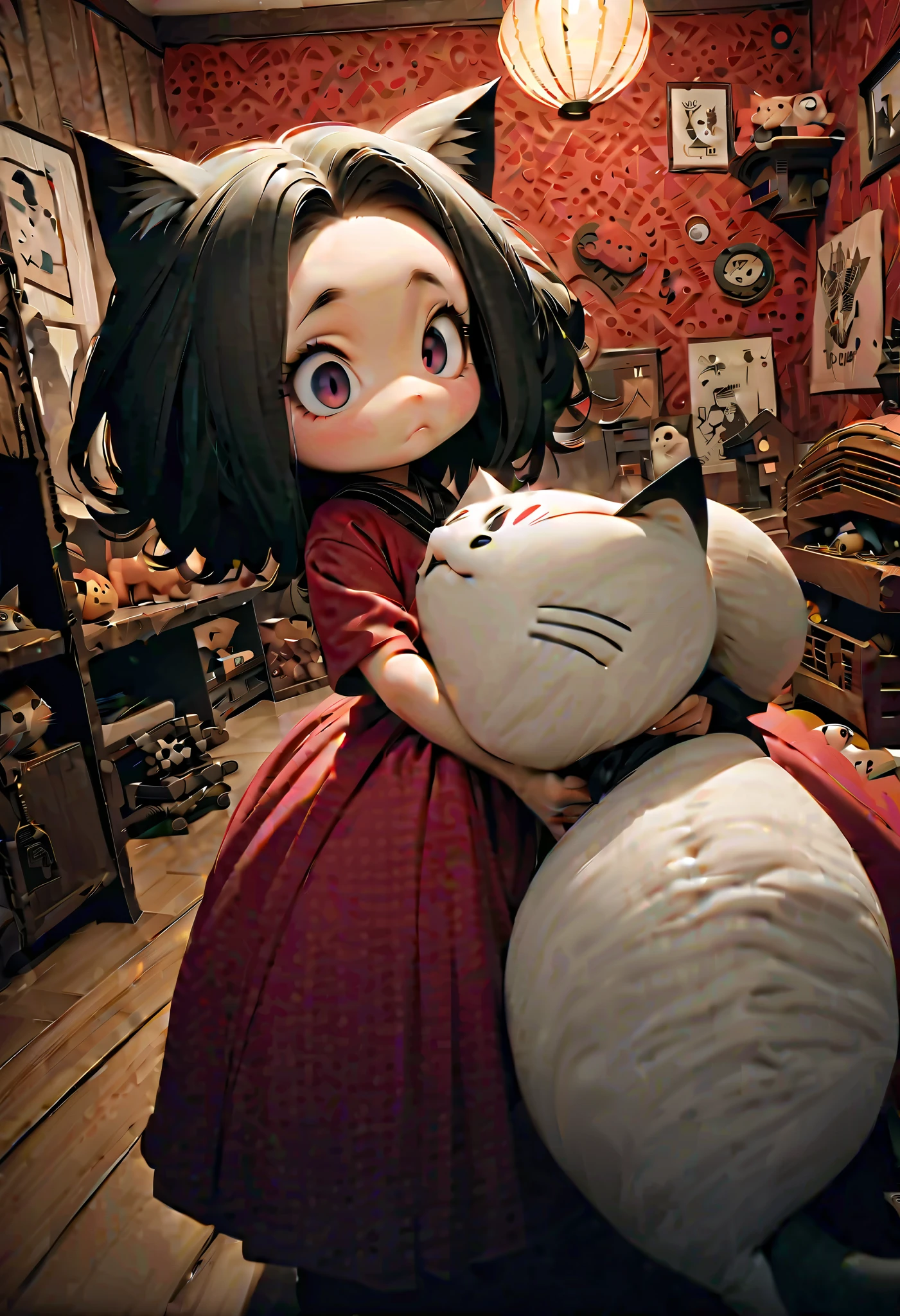 (Masterpiece), (top quality), (very detailed), 16k, wallpaper, Three-haired cat, (High Definition, masterpiece, Accurate, top quality, High Definition model, high detail, (((The textures are soft))), ((matte and toy-like with a handmade premium look)), (((Tim Burton style))), Old Japanese Townscapes, Alley mouth,