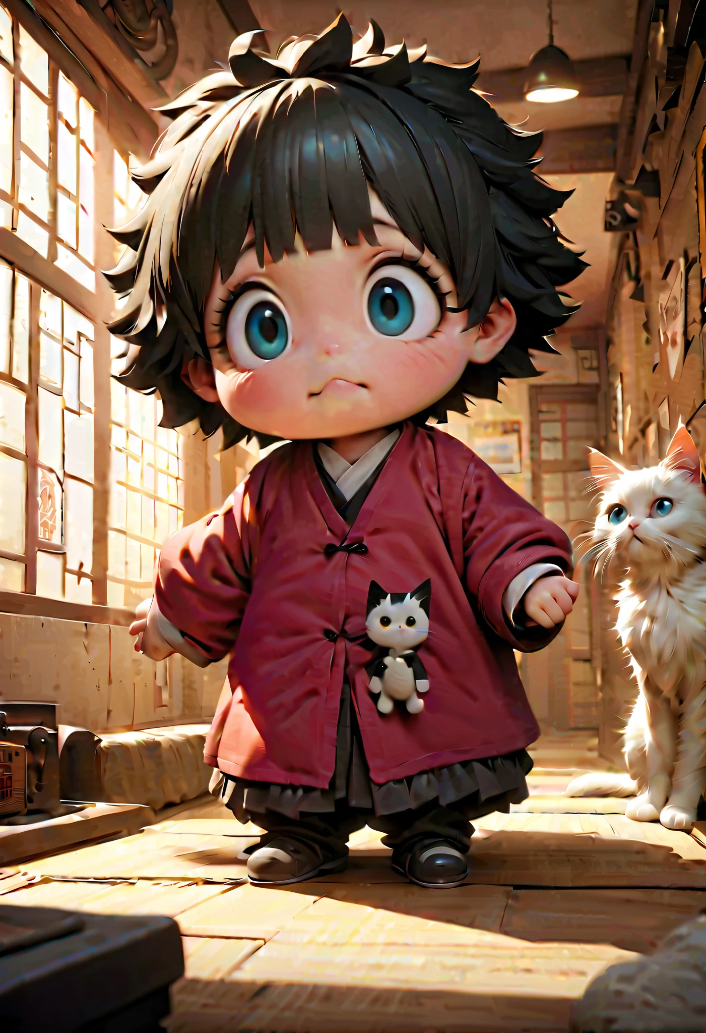 (Masterpiece), (top quality), (very detailed), 16k, wallpaper, Three-haired cat, (High Definition, masterpiece, Accurate, top quality, High Definition model, high detail, (((The textures are soft))), ((matte and toy-like with a handmade premium look)), (((Tim Burton style))), Old Japanese Townscapes, Alley mouth,