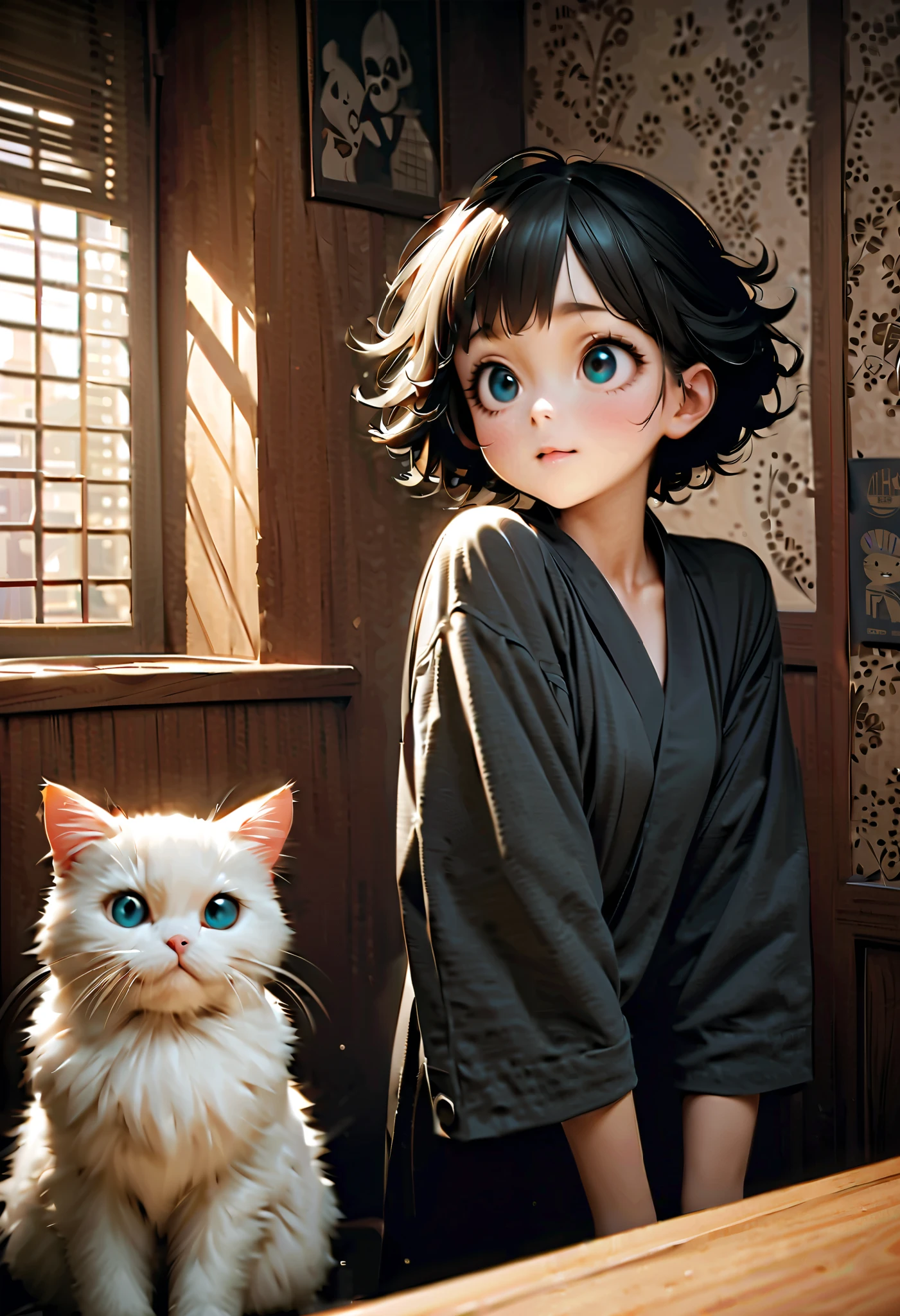 (Masterpiece), (top quality), (very detailed), 16k, wallpaper, Three-haired cat, (High Definition, masterpiece, Accurate, top quality, High Definition model, high detail, (((The textures are soft))), ((matte and toy-like with a handmade premium look)), (((Tim Burton style))), Old Japanese Townscapes, Alley mouth,