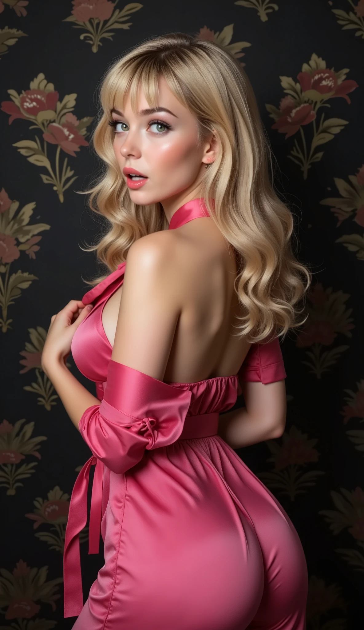 ( masterpiece. professional stock photo . light sculptural photo ) confident woman, nsfw blonde with green eyes named Elle . with clear facial features , hyper huge breasts , thin waist, big round sports ass , girl, big breasts, Age 20, with very long straight lines blond hair with , light green eyes , bangs and she's wearing a dark pink sleeveless satin robe , font that is slightly opened , revealing part of her perfect cleavage . 44d , round natural revitalized chest . She has full red lips and a surprised or interested expression on her face. adding a bold , a modern approach to her image . The background is dark and minimalistic , with black floral wallpaper , emphasizing her striking features , Her outfit, stands out brightly ."