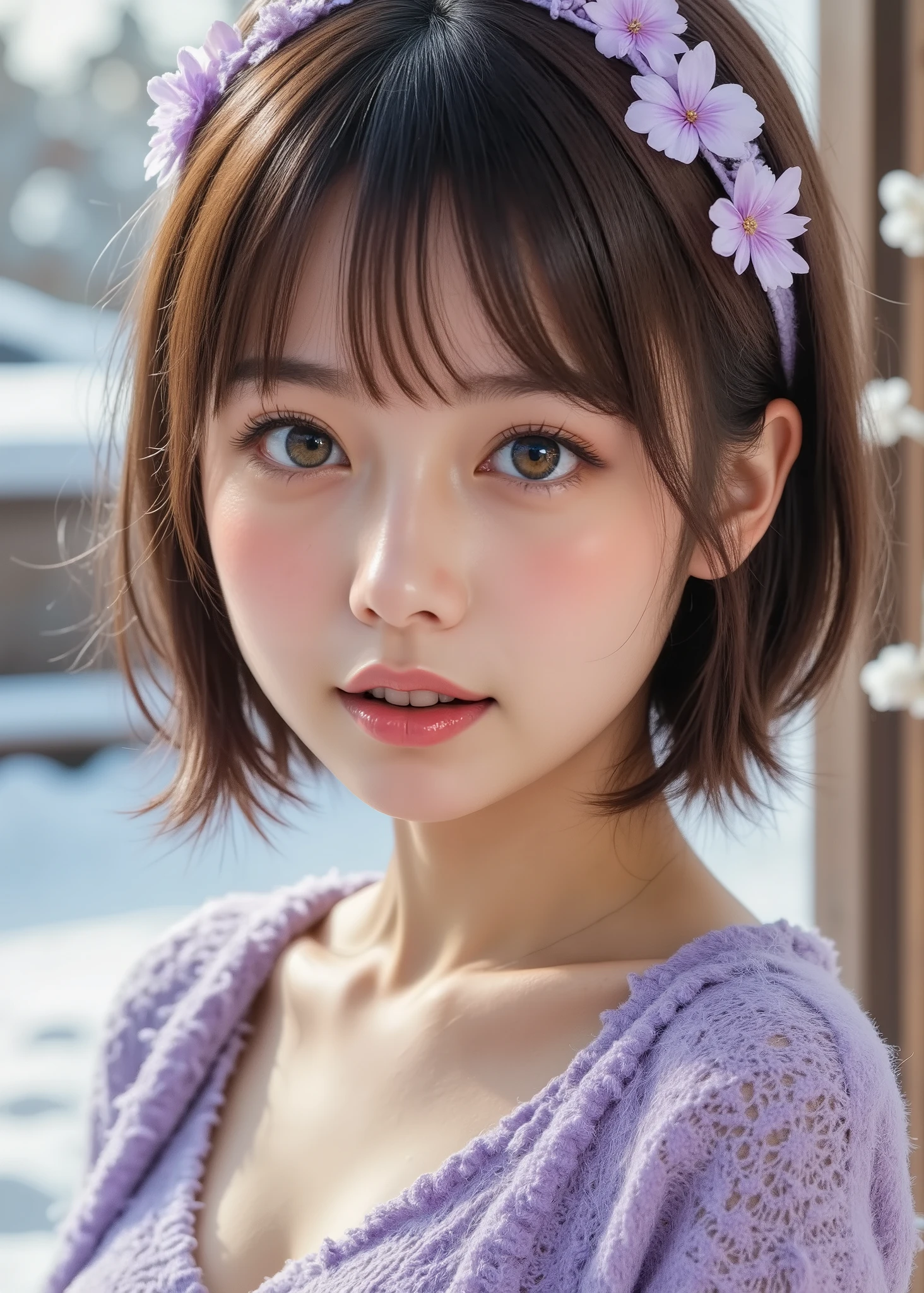 ( full body photo), top quality, shape, very detailed, finely, high resolution, 8k wallpaper, 完璧なダイナミックな構shape, Beautiful Delicate Eyes, Tokyo Trends冬ファッション,Tokyo Trends&Randomly introduce cute brown pixie cut hair , small breasts, NATURAL COLOR LIPS, Random Sexy Poses, cute smile、 20 year old girl、 beautiful detailed face wearing a rough uniform、 perfect beautiful face, big eyes、 wear a light purple off-shoulder one-piece summer sweater、 beautiful detailed faces 、 perfect and beautiful double eyelids、 blur the background、 perfect beautiful face、 bright expression 、 beautiful face with a golden ratio 、 beautiful feet
