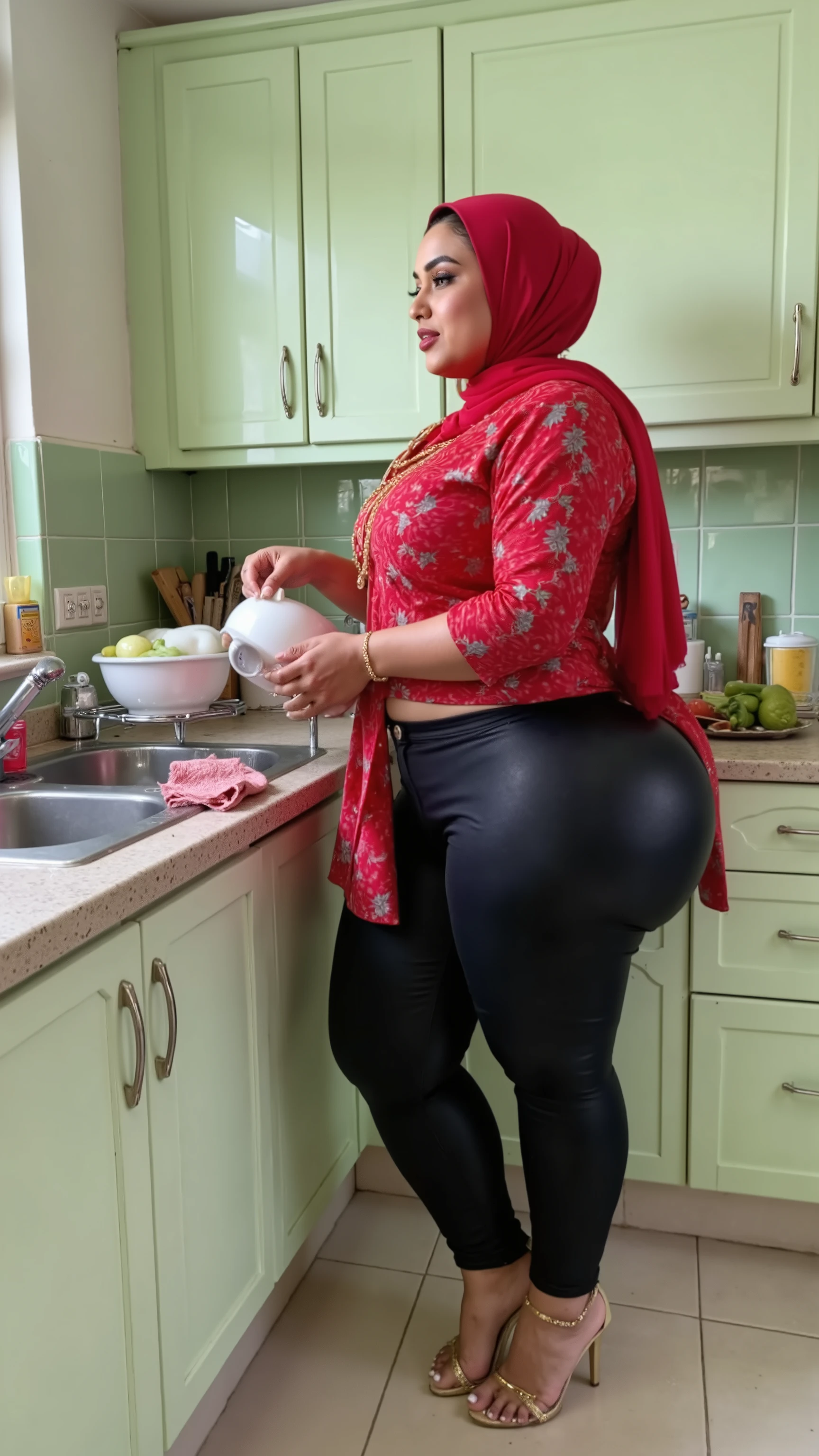 Kurdish woman in hijab arm nudeulder breasts dog food in cup in bathroom laughing