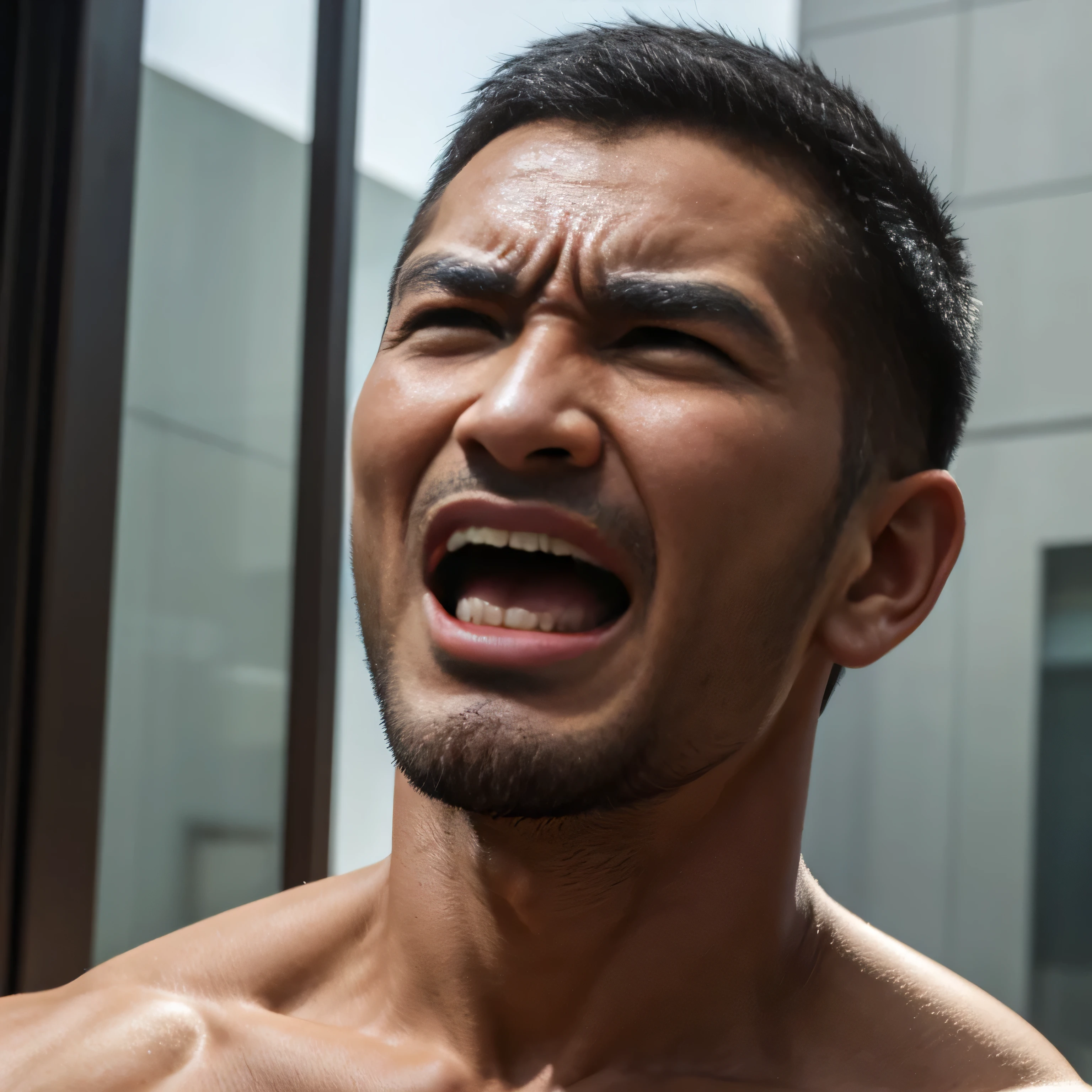 Man in extreme, absolute agony, hunched over in pain, screaming in pain, hurt man