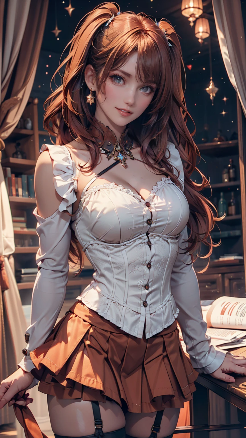 Masterpiece, best quality female, (French),(small breast), (very long curly orage volumetric hair:1.33), (white crinoline inside with orange corset outside:1.33), (long orange skirt:1.33), flat headband, (detailed beautiful hazel eyes:1.33), detailed blush smiling face, slim body, perfect anatomy, very cute, dynamic pose, showing some leg, perfect shading, dramatic lighting, rendered in 8K resolution for high-quality detail, trending on art station, concept art, smooth, sharp focus, in a saloon, highly detailed, soft natural volumetric, cinematic perfect light, intricate details