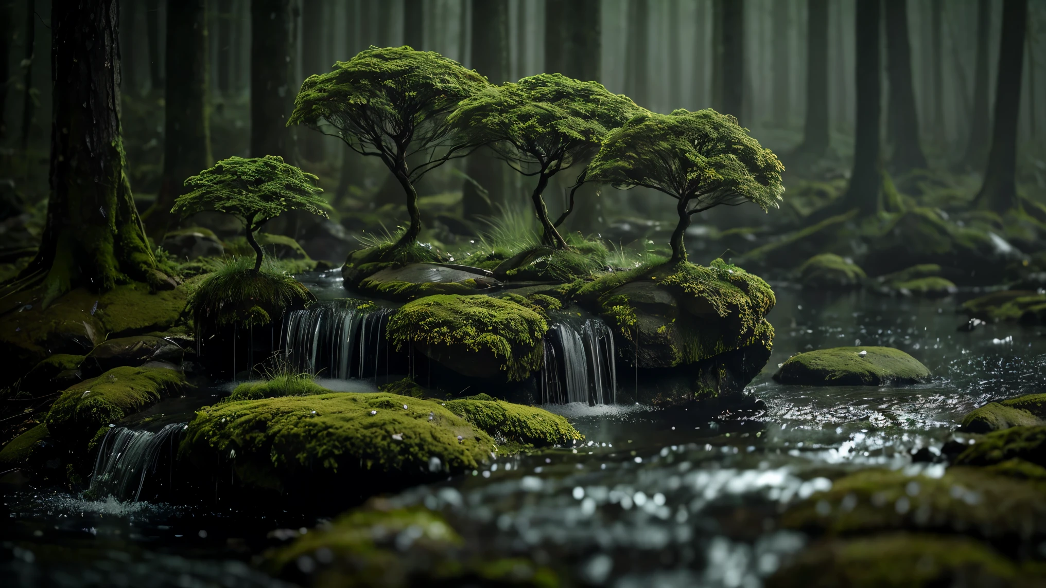 A quiet little forest , without a trace of man . Thin rain falls drenching the foliage , leaving a damp glow in over the moss that envelops the boulders . The air feels cool and fresh , with the scent of wet earth merging with the gentle gusts of wind . In the distance , a faint towering mountain , shrouded in thin mist dancing among the trees . The slightly blurry foreground adds depth , as if inviting to go further into the green silence full of mystery.