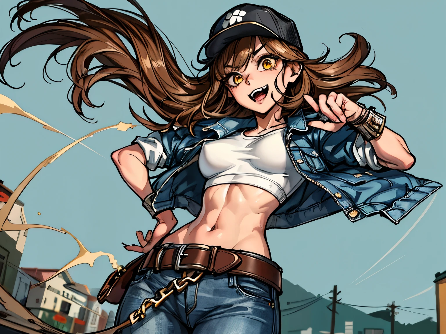 best quality, high resolution, distinct image, concept art, Original Characters, Natural Volumetric Lighting And Best Shadows, Deep Depth Of Field, Sharp Focus, Portrait Of Stunningly Beautiful Petite Girl, Soft Delicate Beautiful Attractive Face With Alluring Yellow Eyes, Lovely Small Breasts, Sharp Eyeliner, Seductive Smiling, Open Mouth With Cute Fangs Out, Windswept Disheveled Brown Hair, Thick Layered Medium Twintail Hairstyles, Blush Eyeshadow With Thick Eyelashes, Parted Lips, Applejack Hat, Oversized Pop-Art Jacket, Slim Waist With Open Cute Navel, Denim Jeans Pants With Buckle Belt, (Messy Painted Body:1.05), (Holding Spray Paint Can:1.1), (Graffiti Murals Wall Background:1.15), (Standing On Narrow City Streets Crossword:1.2), (Highest Quality, Amazing Details:1.4), Masterpiece, Bloom, Picturesque, Brilliant Colorful Paintings