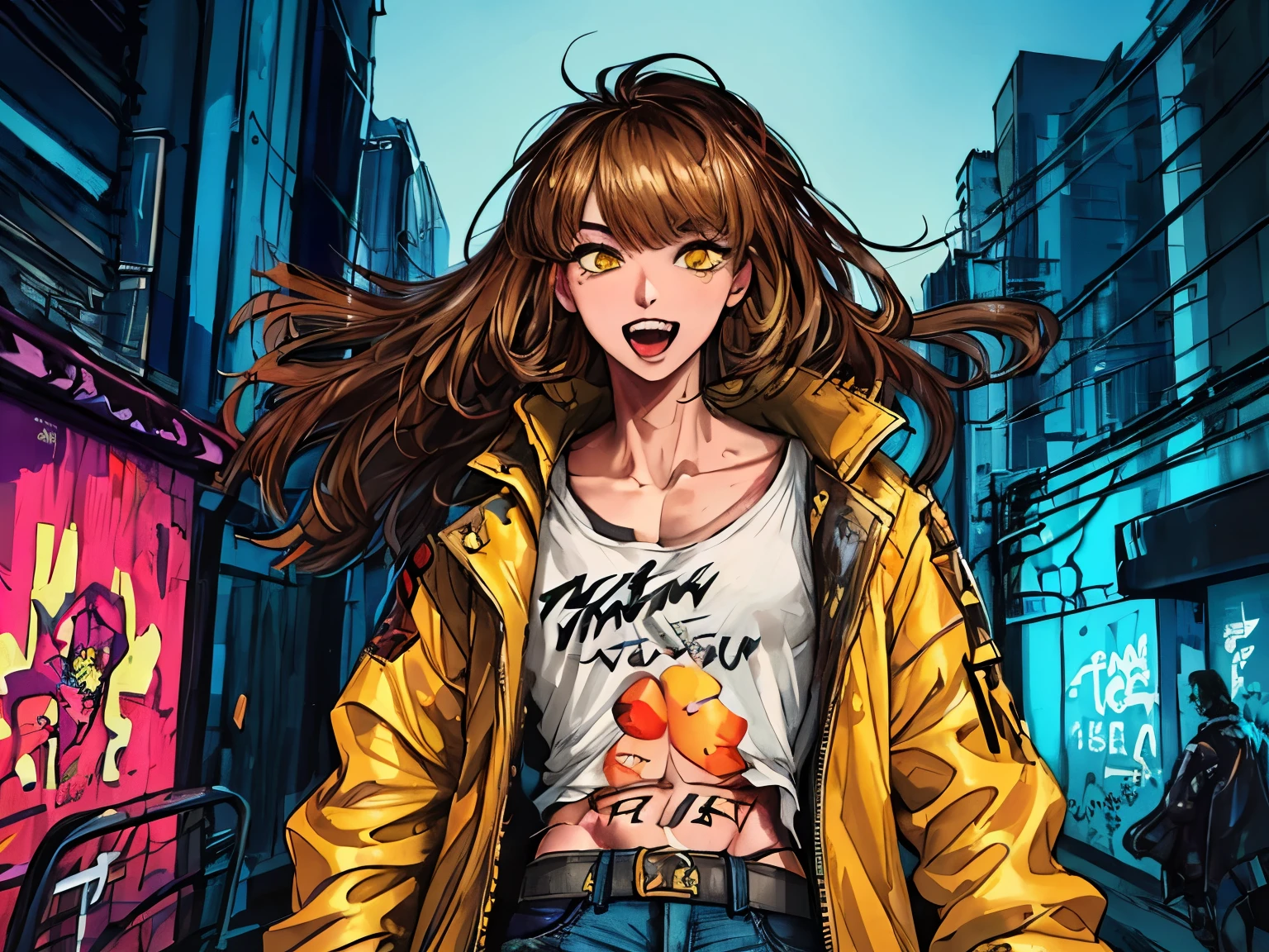 Top quality, high resolution, clear image, concept art, original character, natural volumetric lighting and best shadows, deep depth of field, sharp focus, soft delicate beautiful attractive face with captivating yellow eyes, sharp eyeliner, seductive smile, open mouth with cute fangs showing, tousled brown hair blown by the wind, oversized pop art jacket, denim jean pants with buckled belt, (messy painted body: 1.05), (graffiti mural background: 1.15), (top quality, amazing details: 1.4), masterpiece, picturesque, vibrant colorful painting,
((cyberpunk, neon colors, graffiti art))
((man: beautiful young man))
