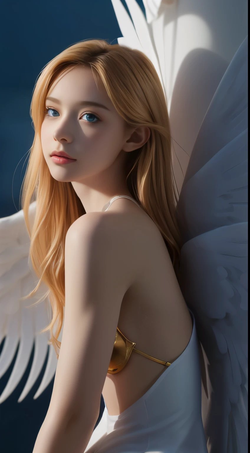 8K, Top Quality, Intricate Details, Ultra Detail, Ultra High Resolution, Masterpiece, random angle, Slender, not Smile, close up shot, (Makeup: 0.4), (Fluffy Blue Eyes: 1.21), blue Eyes, looking at viewer, ((full body)), 1girl, solo, 1 girl, (( full body)), close up shot, , ((tall)), (((fit body))), (((slim face))), sharp face, sharp eyes, ((( golden hair, very long hair, )) , (detailed face), sharp face, small lips,
(()), ((one piece, boots, s, white multiple wings, white wings)), detailed face, detailed breast, , large breast, detail ass, , Beautiful girl with accentuated slender abs: 1.4, Six Pack Abs: 1.4, Bust Botox, Big, Perfect Body, detail leg, (( moonlight)), in the sky