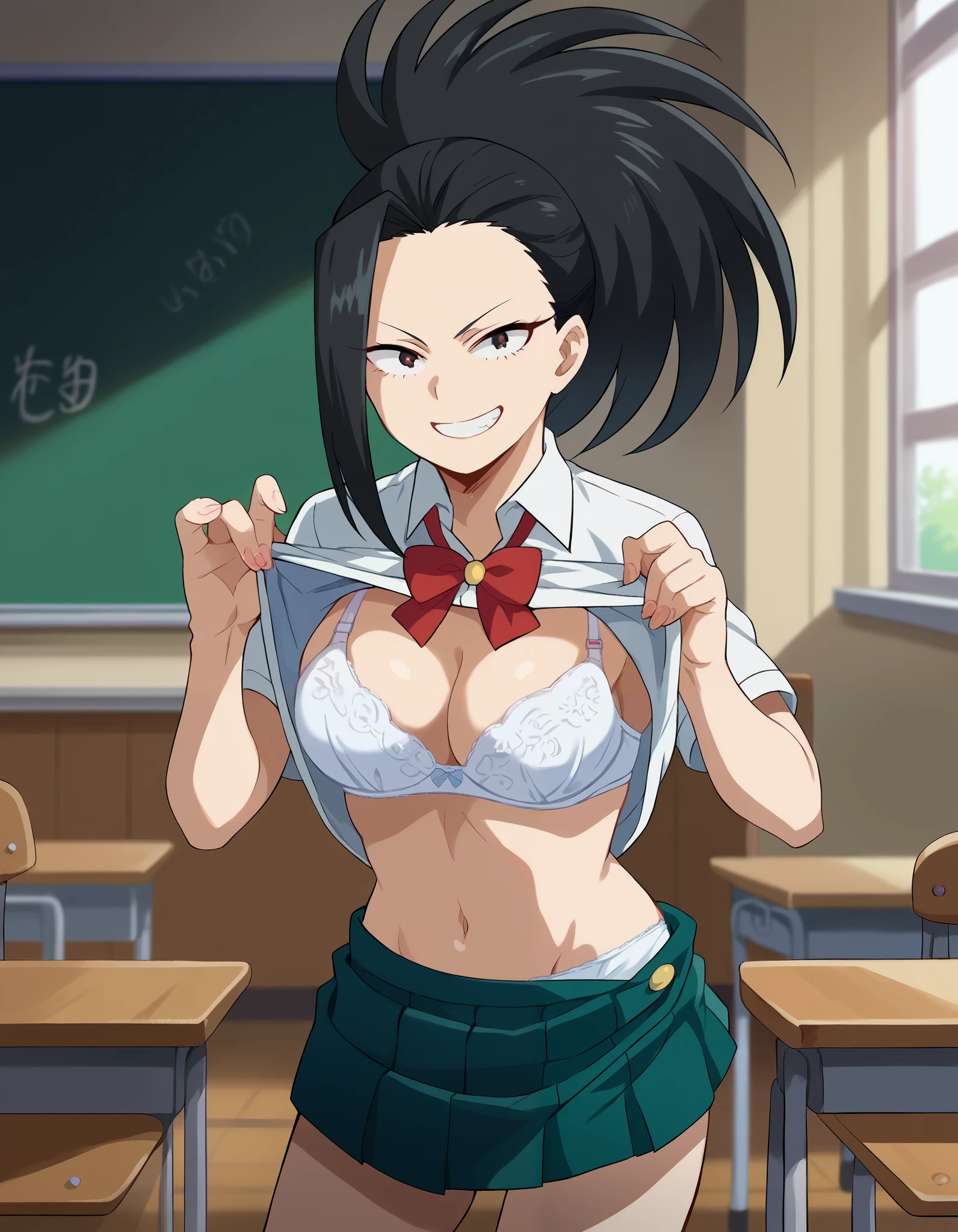 score_9, score_8_up, score_7_up, source_anime, yaoyorozumomo, yaoyorozu momo, long hair, bangs, black hair, ponytail, high ponytail, wide ponytail, school uniform, short sleeves, u.a. school uniform, indoors, , dark room, ((((evil smile)))), ((alone)), ((classroom)), (((mischievous smile))), grin, ((((afternoon)))), ((sun set)), ((heavy shadows)), white bra, (cleavage), ((panties)), ((green skirt)), undressing, underwear, clothes pull, pulling own clothes, bra, panties, panty pull, shirt lift, open shirt, (((skirt pull))), clothes lift, ((looking at viewer))
