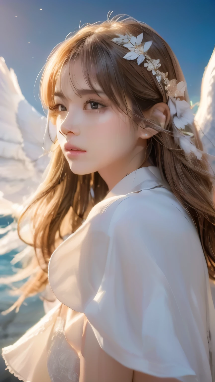 a beautiful girl, long detailed hair, white feathery wings, flying on the cloud, soft dramatic lighting, (best quality,4k,8k,highres,masterpiece:1.2),ultra-detailed,(realistic,photorealistic,photo-realistic:1.37),detailed eyes, detailed nose, detailed lips, longeyelashes, angelic expression, peaceful, magical, fantasy, cinematic, dramatic colors, warm color palette