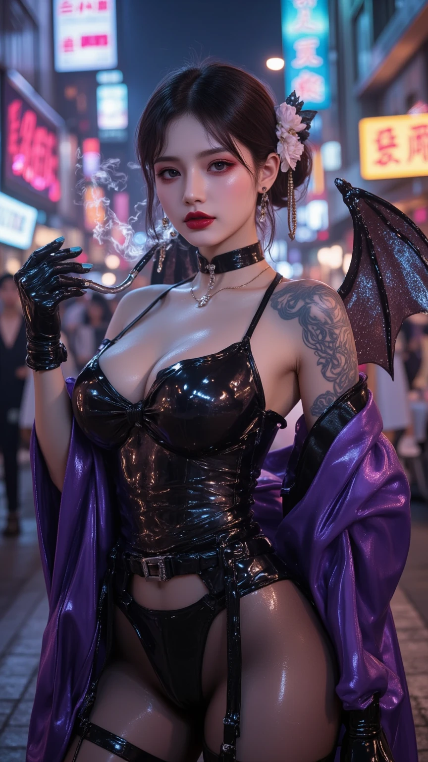 (raining day:1 bun lady,Purple hair combed into a bun, Kneeling pose), tmasterpiece, best qualtiy, RAW photogr, realisticlying, the face, Incredibly Ridiculous res, Beautiful elf beauty, ear studs,Get wet all over, (Light purple ultra-short hair,hair-bun), black formal,tiese,(black lence stockings),Black stockings,(no shoe),depth of fields, A high resolution, ultra - detailed, filigree, RAWE is very detailed, very detailed eyes and faces, Sharp pupils, realistic pupil, tack sharp focus, cinmatic lighting,full bodyesbian,Bigboobs,long leges,From the front side,Main street on a rainy day,dynamicposes