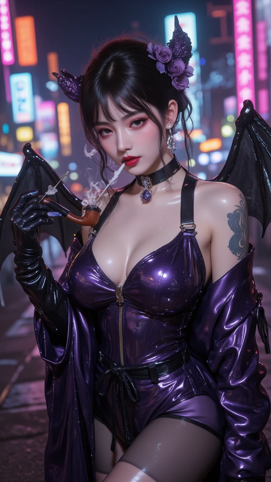 (raining day:1 bun lady,Purple hair combed into a bun, Kneeling pose), tmasterpiece, best qualtiy, RAW photogr, realisticlying, the face, Incredibly Ridiculous res, Beautiful elf beauty, ear studs,Get wet all over, (Light purple ultra-short hair,hair-bun), black formal,tiese,(black lence stockings),Black stockings,(no shoe),depth of fields, A high resolution, ultra - detailed, filigree, RAWE is very detailed, very detailed eyes and faces, Sharp pupils, realistic pupil, tack sharp focus, cinmatic lighting,full bodyesbian,Bigboobs,long leges,From the front side,Main street on a rainy day,dynamicposes