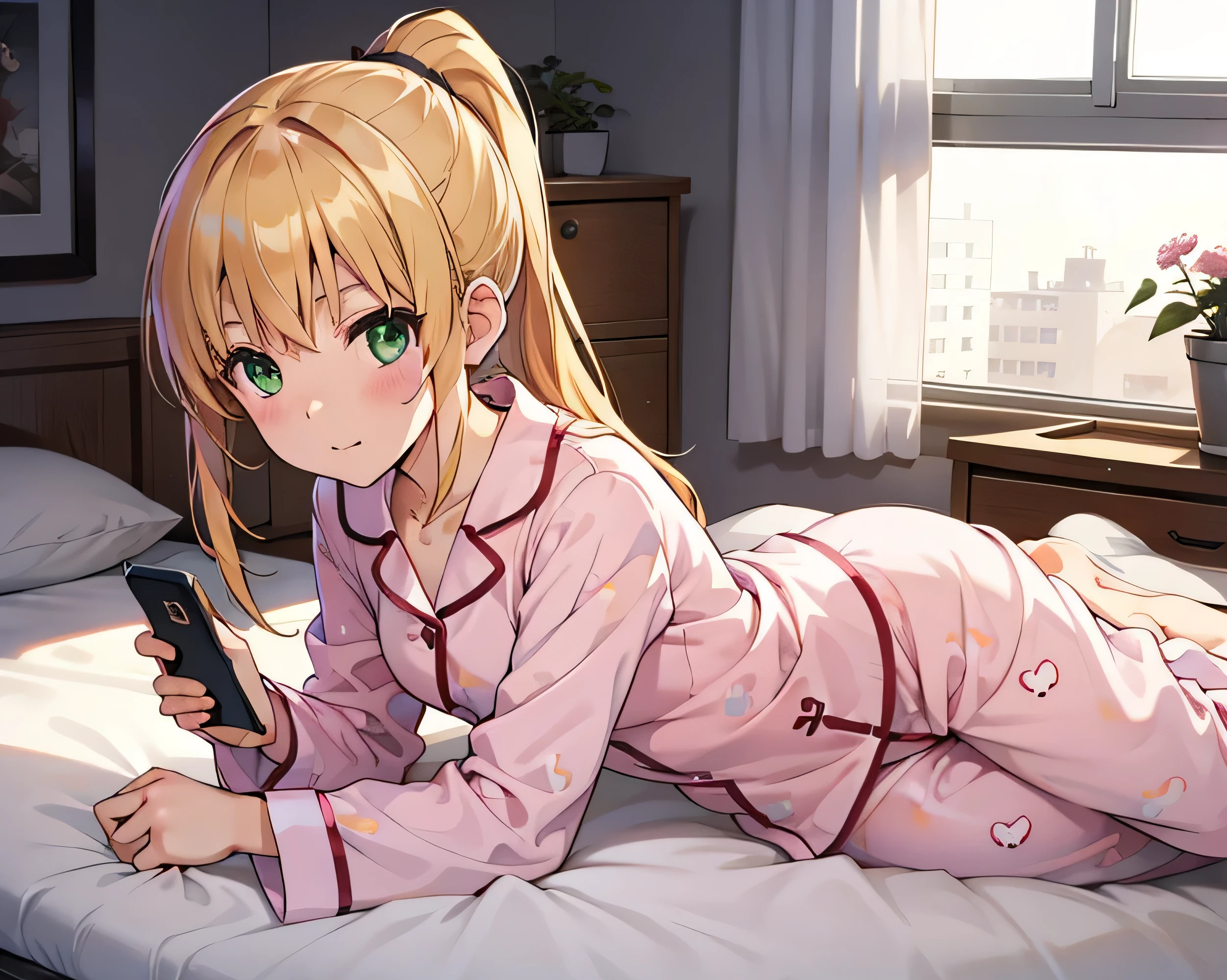 blond long hair GREEN EYES ponytail cute girl in the seat pink pajamas cute room White futon bed lie down Fiddling with a smartphone
high resolution, accurate, top quality, anatomically accurate, alone single