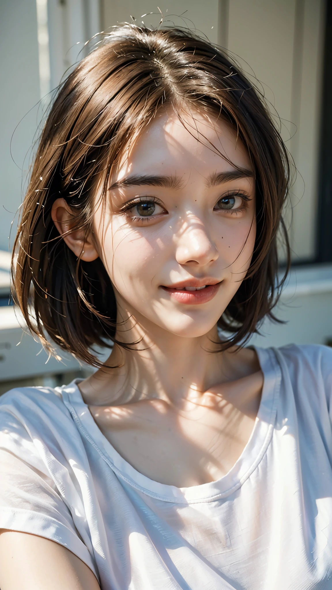 "Light Theme :: close up face focus, (8K、Raw photo、Highest quality、masterpiece:1.2)、(Realistic、Photorealistic:1.37)、Ultra-detailed、Ultra-high resolution、1 girl、Look Away、Beautifully detailed face、Laughter、narrow、(Slim waist) :1.3)、dress、shirt、Beautifully detailed skin、Skin Texture、short hair、Floated hair、Professional Lighting