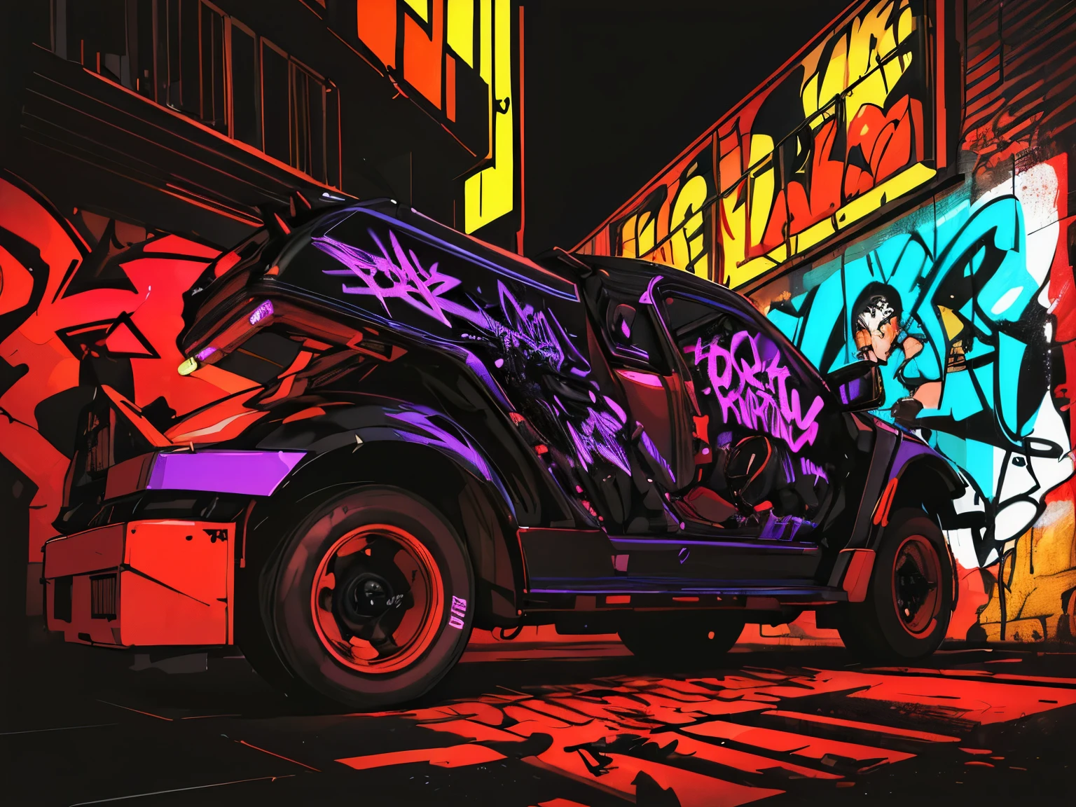 ((masterpiece, highest quality, 4k, 8k, 32K, masterpiece:1.2, ultra detailed, exquisite detail, highly detailed, accurate anatomy)),
((dramatic lighting, moody, high contrast, cinematic, movie scene)),
((halftone, front lighting, vibrant colors)),
(((graffiti art))),
(((Trigger Studios style, graffiti art, rock, punk, neon colors))), Carne Griffiths,
cyberpunk,
crazy crowd at ringside