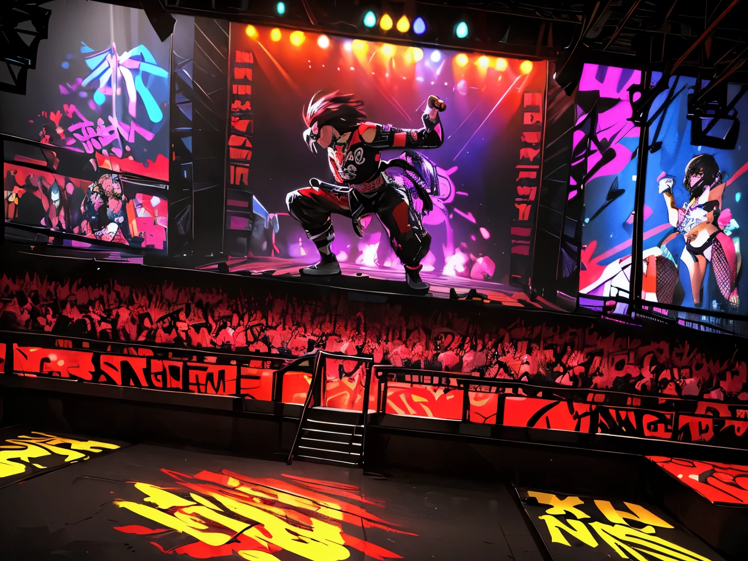 ((masterpiece, highest quality, 4k, 8k, 32K, masterpiece:1.2, ultra detailed, exquisite detail, highly detailed, accurate anatomy)),
((dramatic lighting, moody, high contrast, cinematic, movie scene)),
((halftone, front lighting, vibrant colors)),
(((graffiti art))),
(((Trigger Studios style, graffiti art, rock, punk, neon colors))), Carne Griffiths,
cyberpunk,
((energetic crowd at ringside watching a martial arts match, spectators, cheering))