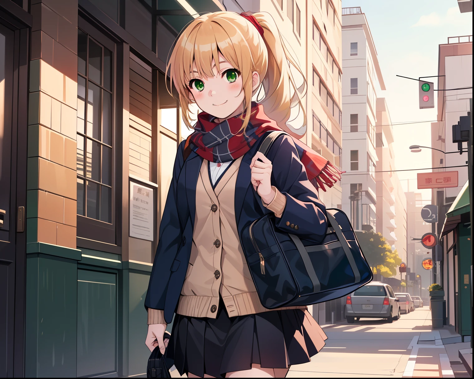 blond long hair Green Eyes ponytail cute girl in the seat smile high school girl check skirt、 orange cardigan reading dark red blazer Big scarf high resolution, accurate, Top Quality, 解剖学的に accurate, Alone single Walking around town navy blue schoolbag