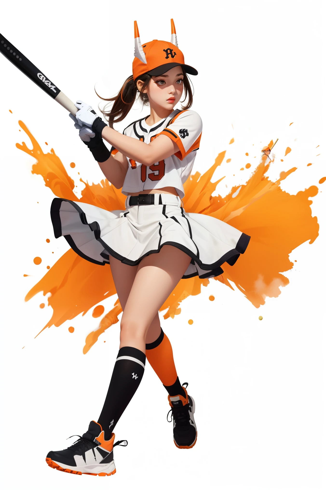 1girl, white background, single glove, black skirt, white baseball jersey, cap with horns, orange baseball bat, full body,