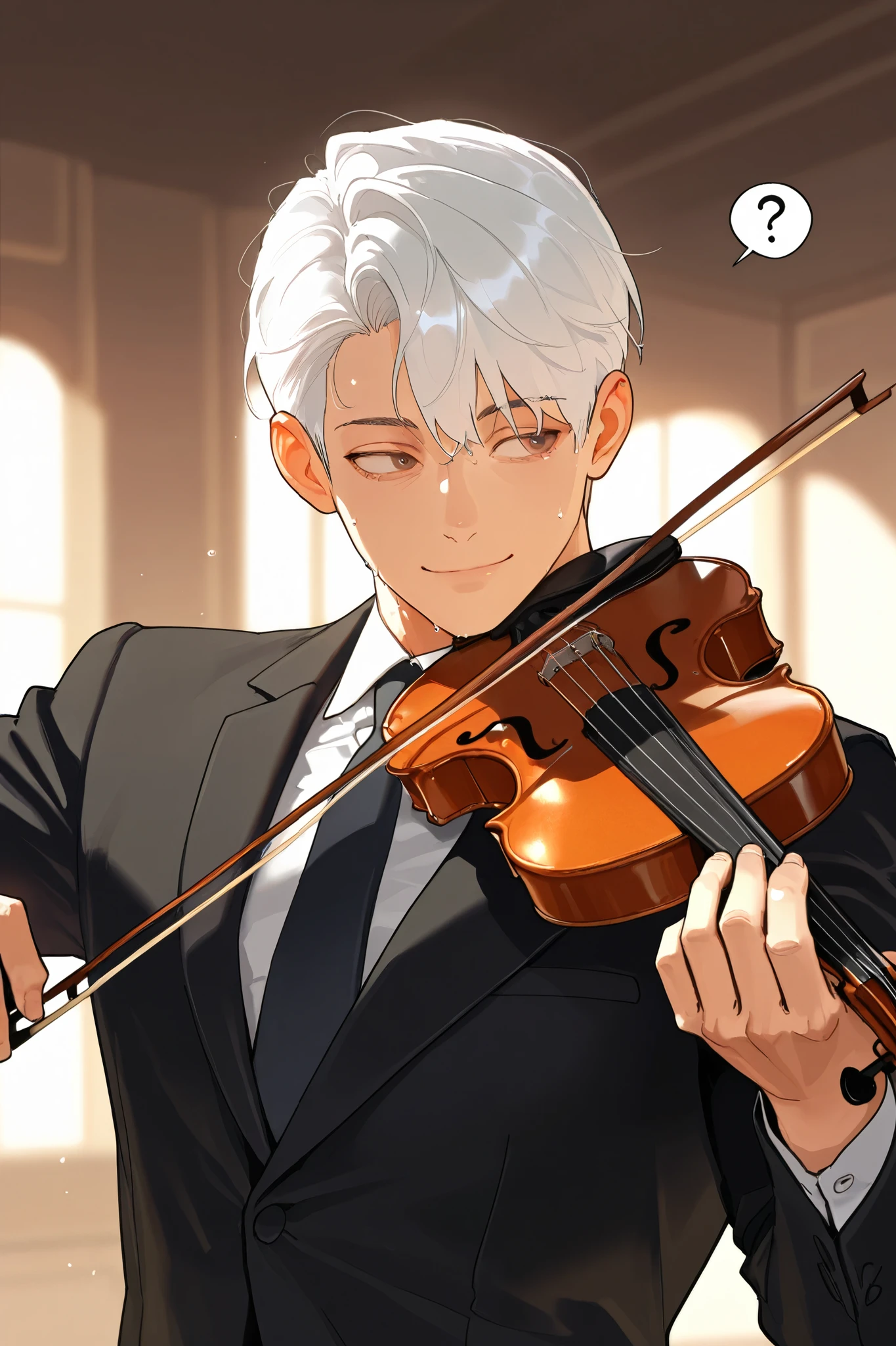best quality, masterpiece,highest resolution, 1male, solo, under cut, short hair, white hair, black suit, dress shirt, tie, playing violin, mature,brown eyes, Sideways glance, (sweat:0.8),Anxious expression, smile, question mark,small ghosts