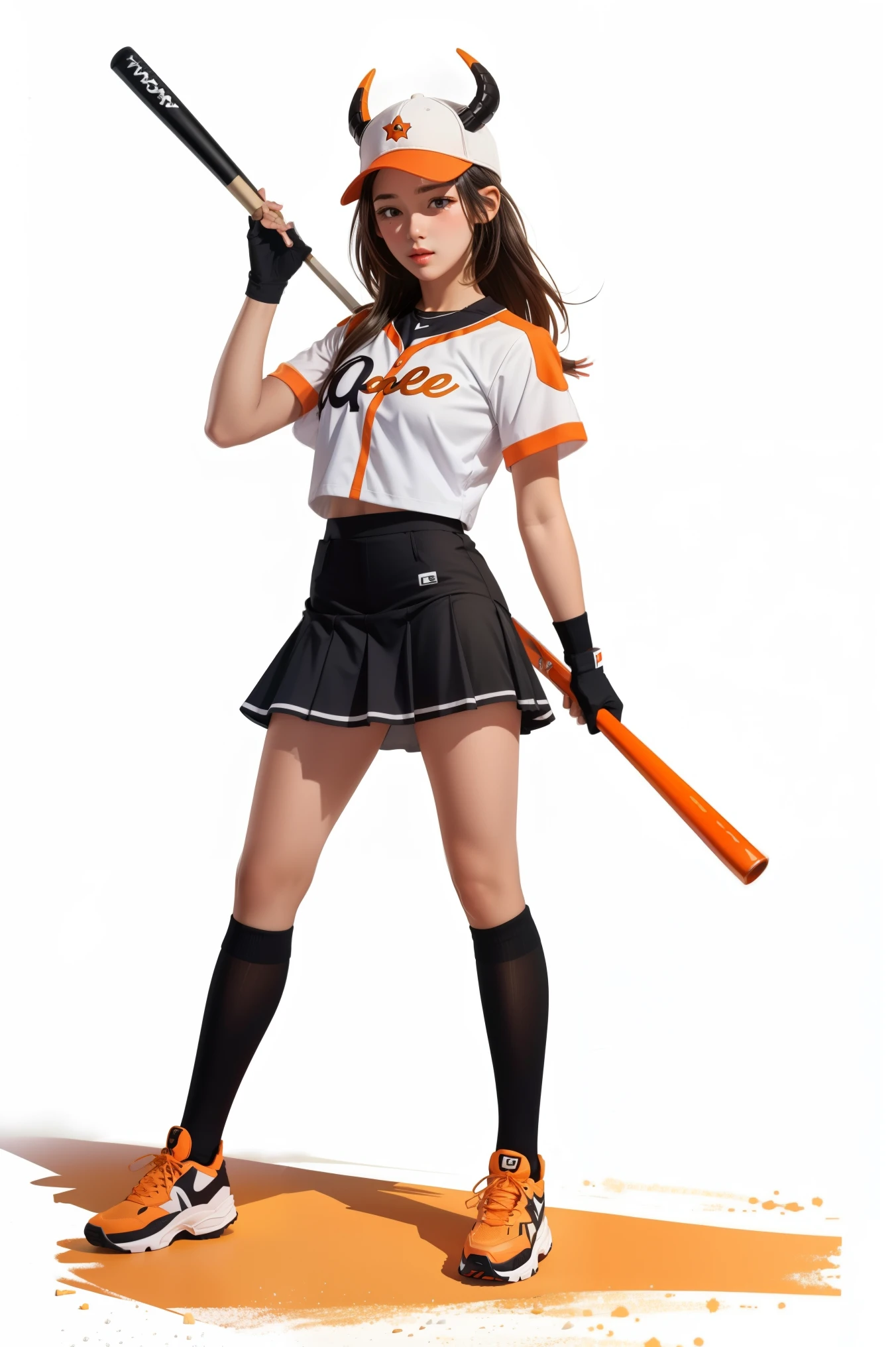 1girl, white background, single glove, black skirt, white baseball jersey, cap with horns, orange baseball bat, full body,