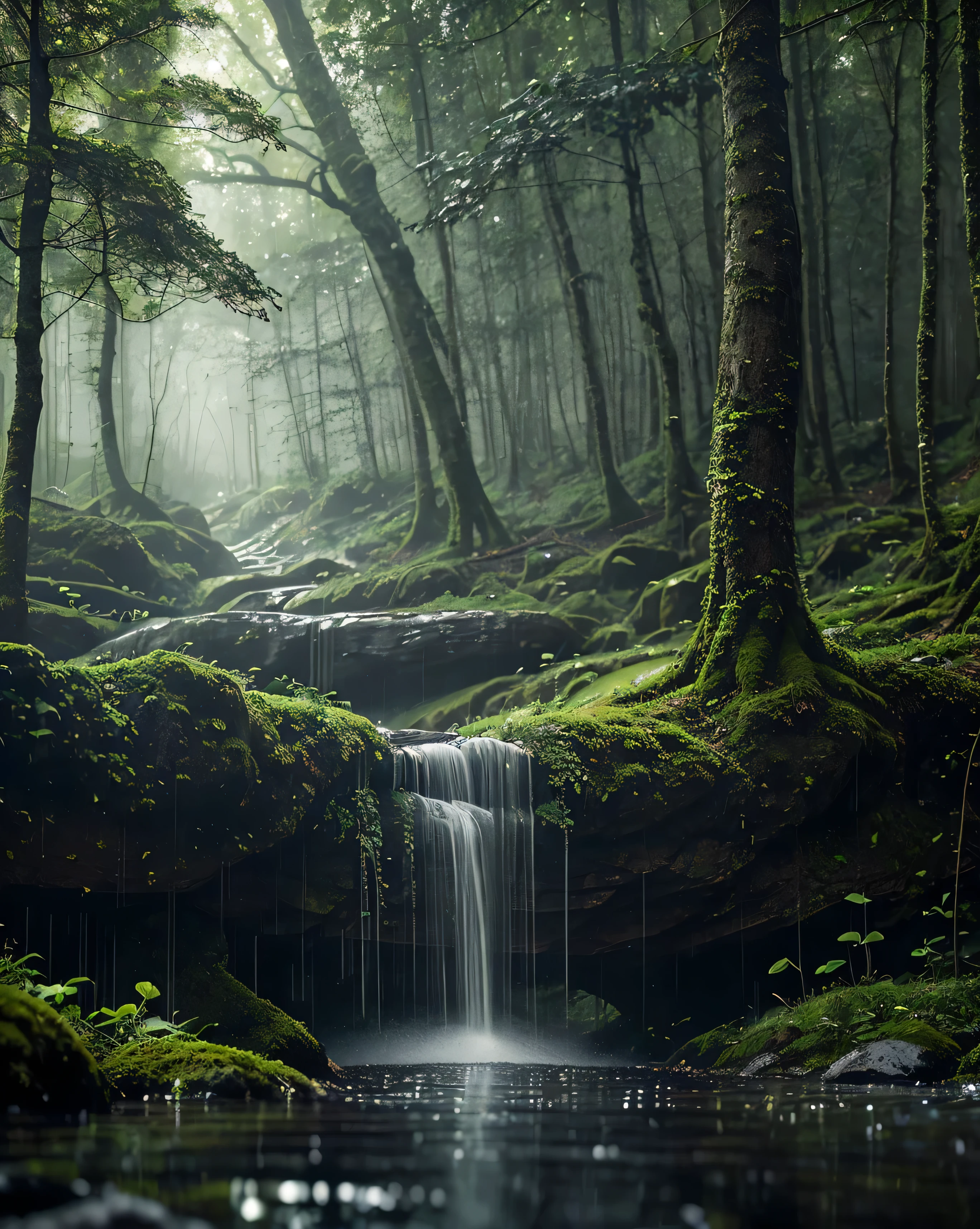 The air is filled with the scent of wet earth, mixed with the freshness of the freshly touched leaves of the rain . This small forest is like a world at a standstill , only the sound of water drops accompanies the silence . Mossy old stones leaning under the lush trees , as if to be a silent witness to time travel . The mist hanging between the trunks of trees gives the impression of hovering, while the mountain in the distance stands majestically , half hidden behind a curtain of mist .