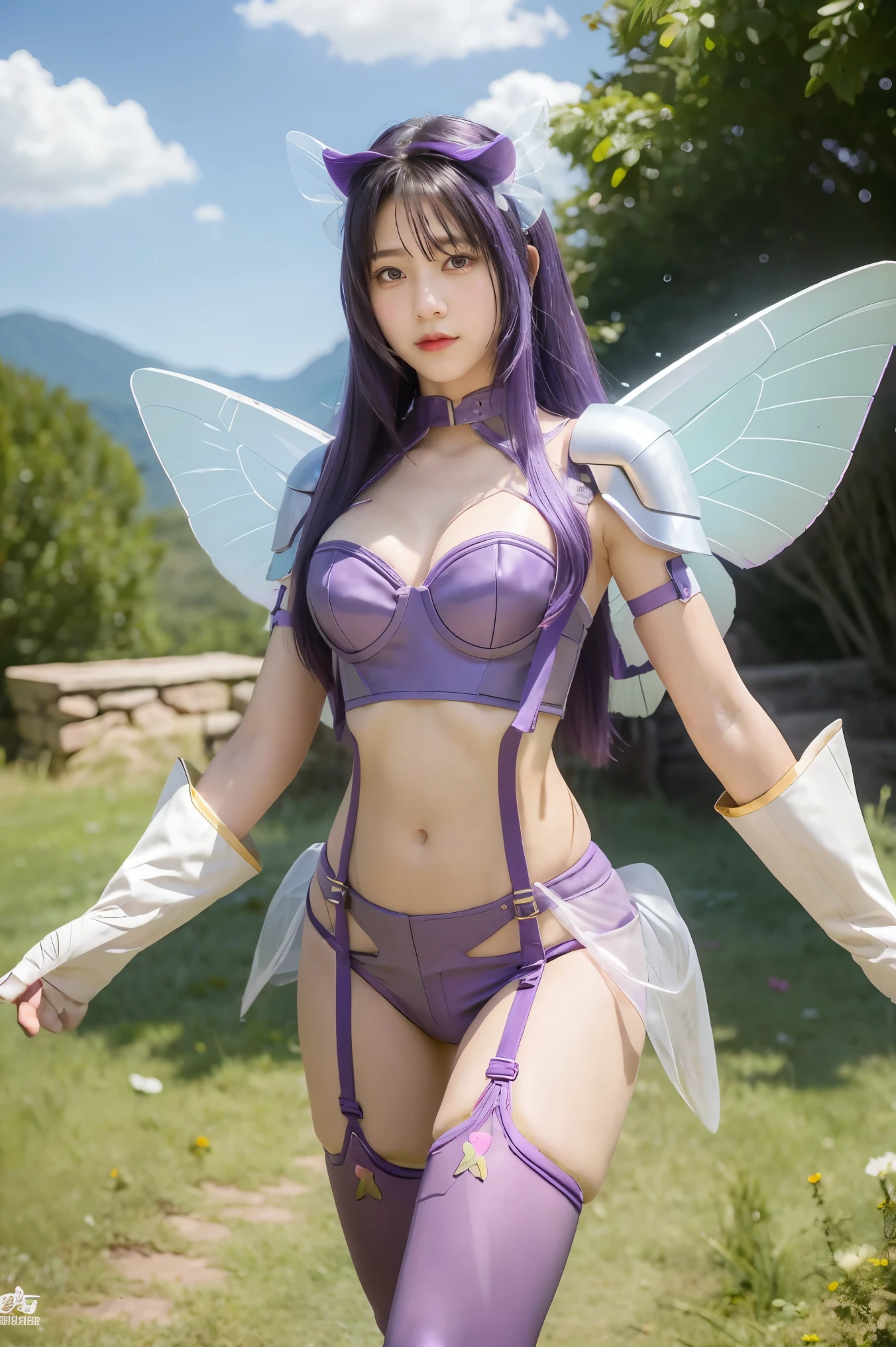 purple hair, long hair, hair ornament, belt, butterfly wings gauntlets, cleavage, garter straps, gauntlets, navel, shoulder pads, thigh highs,, sky, cloud,