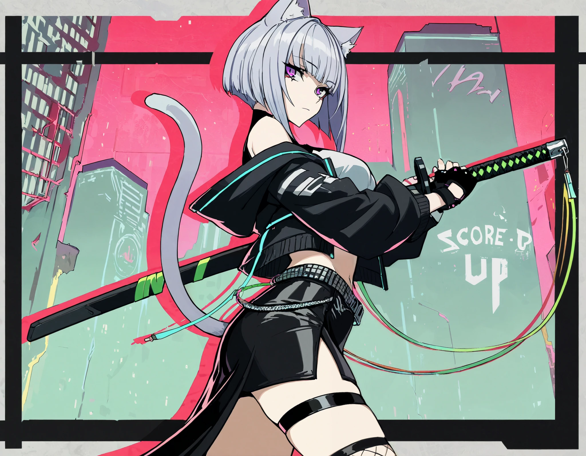 (best quality, highest quality:1.2), from side, masterpiece, top quality, ultra high definition, rich contrasts, HD,8k, High Definition CG Unit Wallpaper, texture , Unbelievably Absurd, ultra high definition, RAW photos, Deep border 1 .2, very detailed, stylish pose, cowboy shot, ruined city, cyberpunk,
weapon, sheathed katana:1.5, perfect katana,
(girl:1.3), 1girl, solo, (purple silver middle hair, cat ears, purple eye, White crop top, put on a off shoulder black open hoodie, black slit skirt, leather belt, fingerless gloves, thigh strap, single thighhigh, torn thighhigh, fishnet thighhigh, knee high boots, katana), cyber punk, dim body, curvy, no curves, narrow hips, Expressionless,