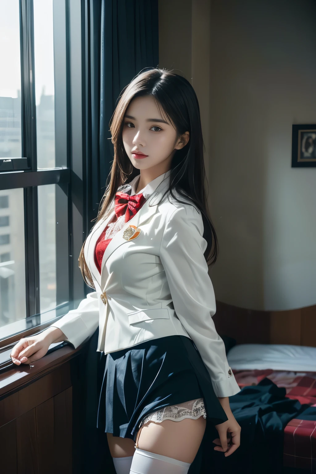 ((Female student standing in front of the bed ))，Charming eyes，Heartwarming action，Turn your face away from the camera，stooped，Bend over，turn back，Look up at your head，thick and long black hair，Highly detailed body，Highly detailed face，best qualtiy、(P boobs iNK underwear),(High School Girls),((White Blazer、emblem on breasts))、((Translucent blouse)),((red bowtie)),((navy check flare skirt)),(Black stockings)、((Outside the window, Hazy skyscrapers)),((White lace panties are visible))