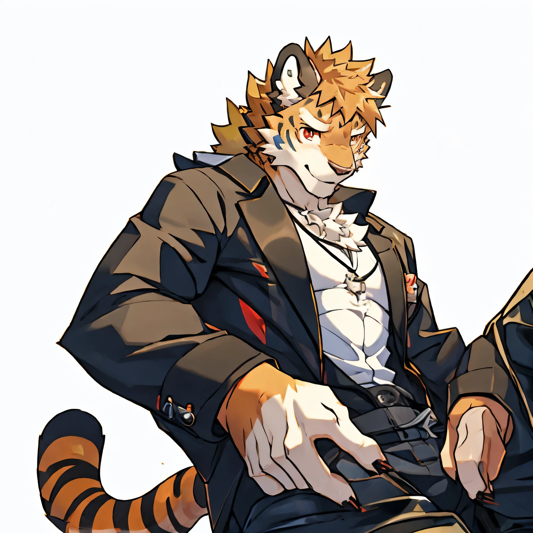 Minimalist, blushing, boy,Golden fur,Golden hair,Leopard, red eyes, are wearing white suits
