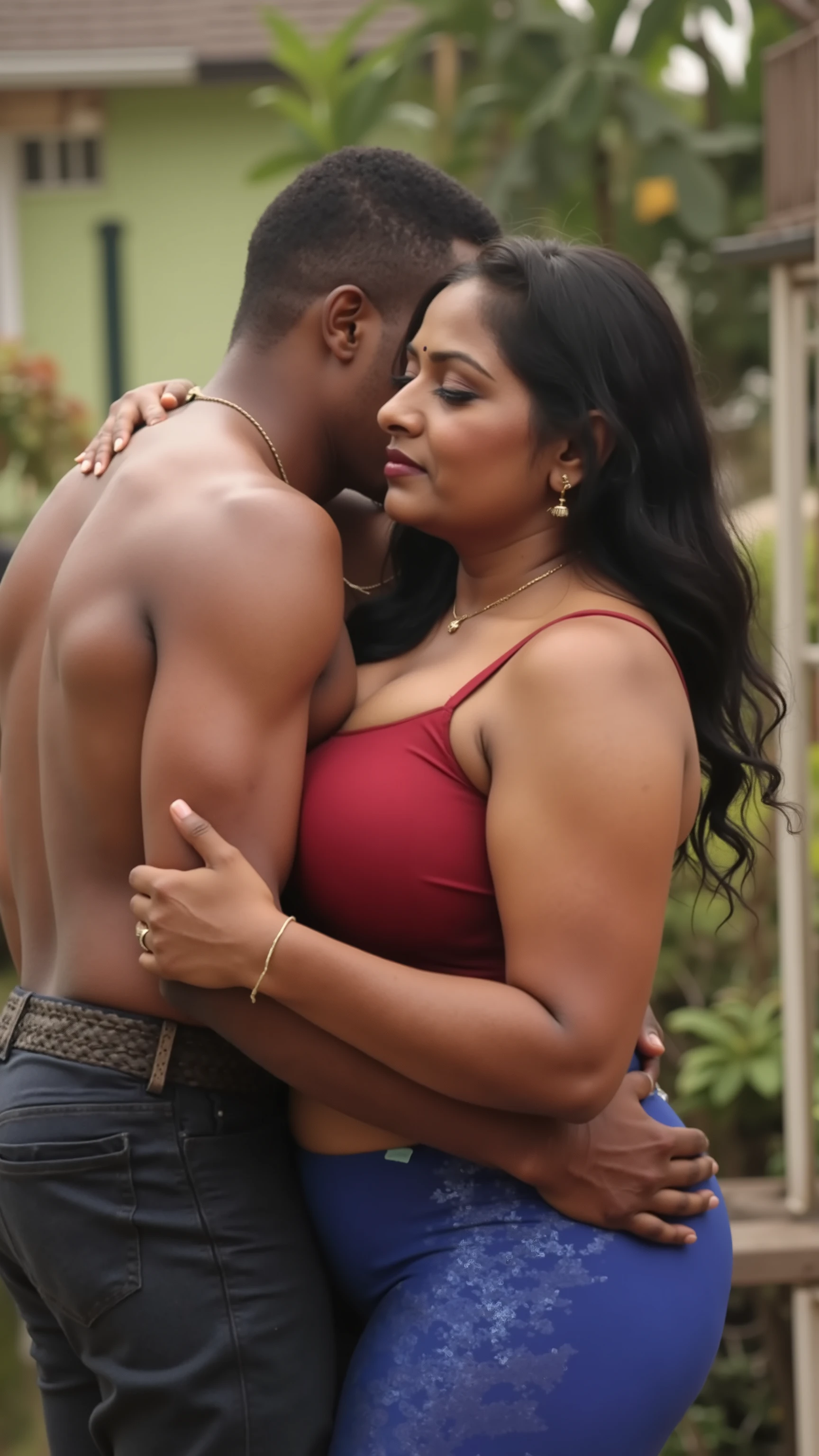 A shirtless african boy is holding from behind a 50-year-old busty Indian girl of hourglass figure with huge ass and huge breast. The woman is wearing a red bra and blue shiling leggings. Both are holding each other tightly.side view image.