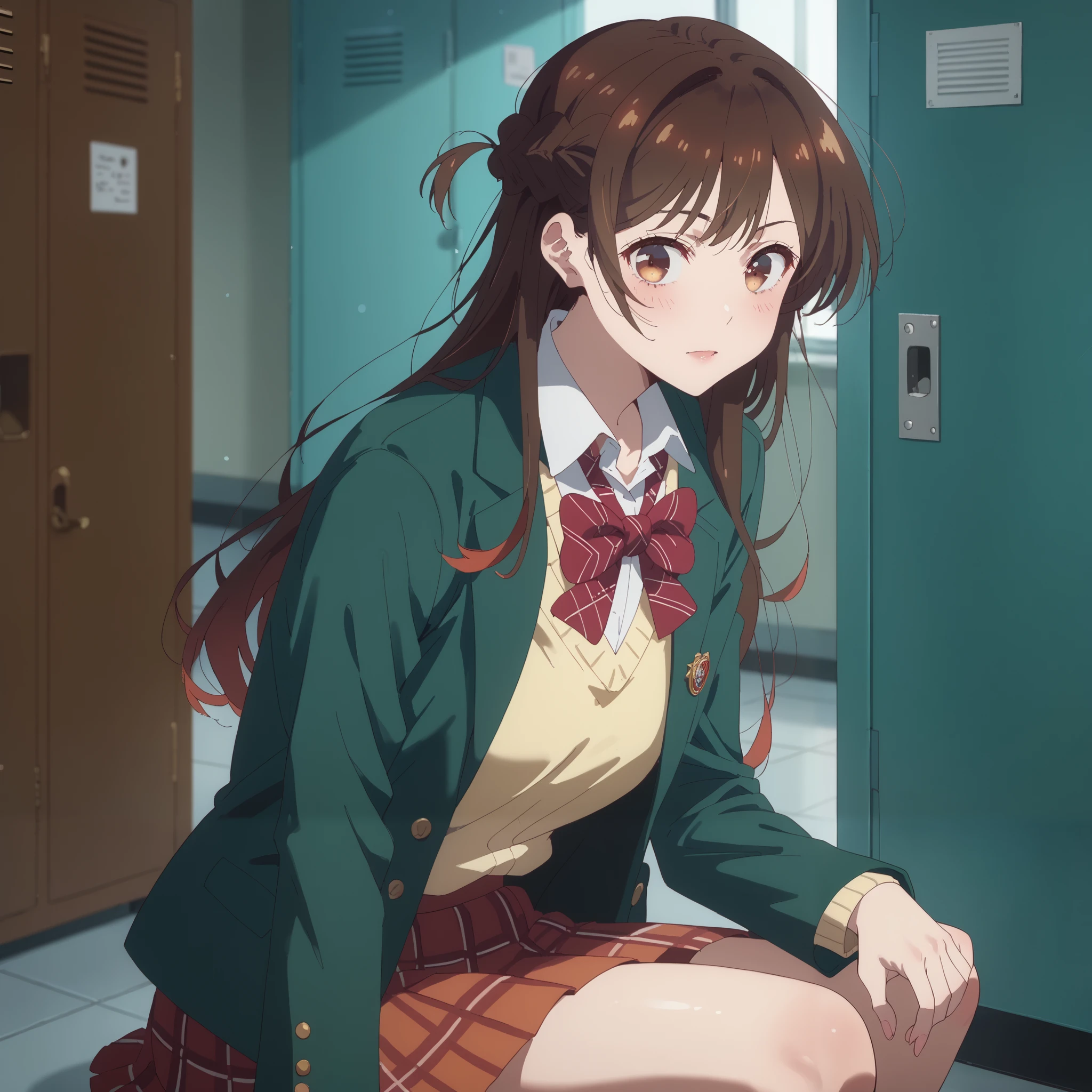 green, half-open, stares at the viewer, Alone, Chizuru Ichinose, 1 girl, brown hair, long hair, French Braid , brown eyes, school uniform , green jacket, yellow sweater , bow tie, plaid skirt that breaks small breasts, red skirt, Black Sox, indoors, locker, window_,sunset, Closeup Shot, thighs、 holding your knee
