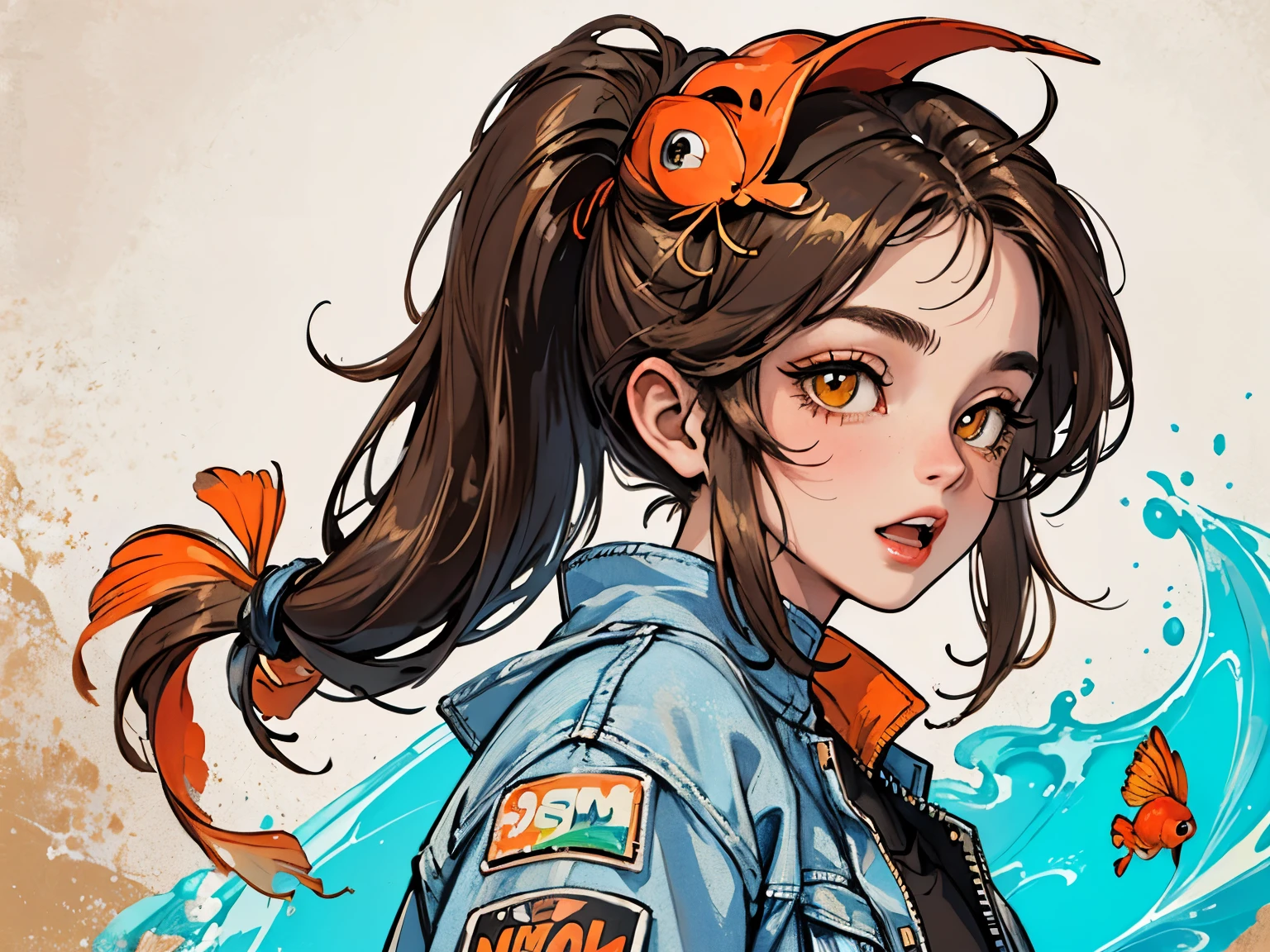 highest quality,tmasterpiece,A high resolution, shadowing, the detail, 8K, photore,Sharp focus,The composition of the characters is small, Under the water,1girl,Very short in height,Giant red carp, Fantastic location, flight, an underwater city