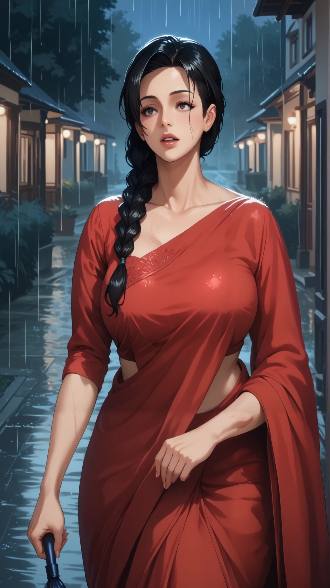  A mature woman in ((Black Hair)), ((Braid)), breasts, Cowboy Shot, open Eyes, Anime Style, in red saree with matching blouse , walking straight in rain at night, holding umbrella 