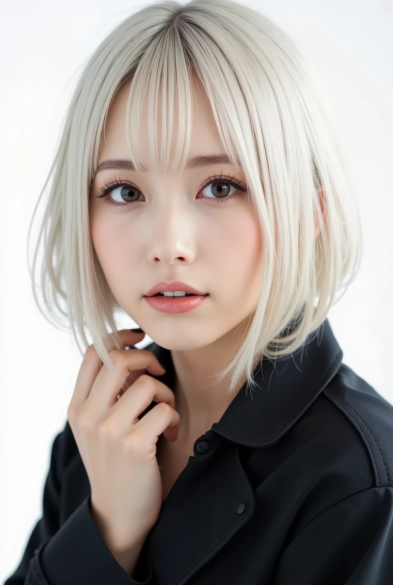 A high-fashion editorial portrait of a woman with platinum blonde hair, in the style of modern fashion photography, sleek and minimalist, sharp jawline, bold makeup, chic black attire, stark white background, striking contrast, capturing a contemporary and edgy look --ar 9:16 --quality 2 --v 6.1