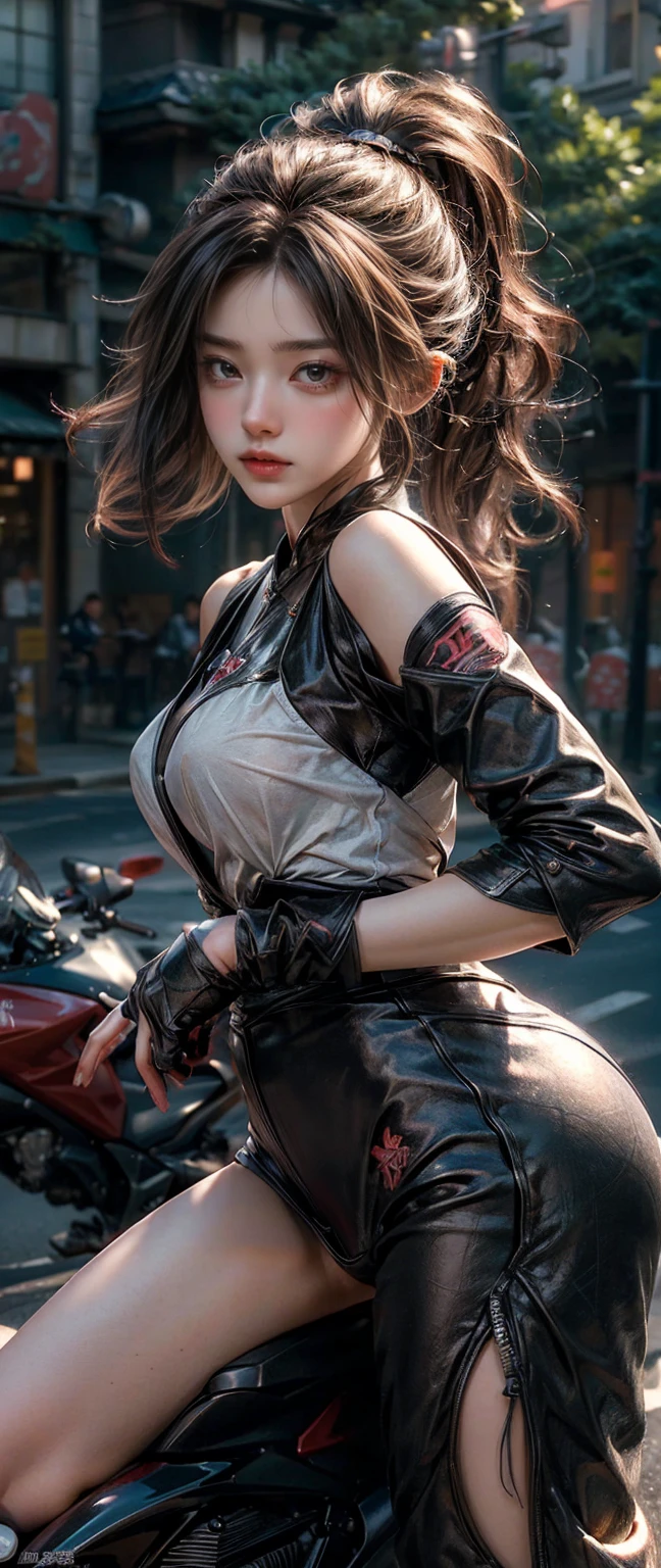 1girl in、Delicate and beautiful facial features、light make-up、Exquisite jewelry and necklaces、Delicate technology leather jacket with short upper body、Ultra mini skirt in delicate technical leather at lower body、Sitting on a green high-tech bike、flaxen ponytail、With smiling eyes、bare shoulders​、Shows perfect curves and plump buttocks behind them、 Background Special Effects Neon、colourfull、colourfull、Highlight green motorcycle and girl、Top image quality、​masterpiece、hight resolution、Complex motorcycle details、Emphasis on the creation of future technologies、Facial features are clear and not blurred,、Normal human finger、