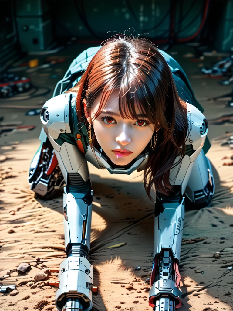 (((masterpiece))), (realism, realism texture, (science fiction, distant future), (top Quality, High Quality, top resolution, high resolution, (ultra detailed, high detailed))), (beautiful robot woman , woman is incredible machine:1.2), (beautiful face), (thin lips, wide mouth), red-lighting eyes, (robot white armor:1.3), machine frame, skirt, (steel knee-high greaves, (mechanical hands)), robot joint, (robot neck joint:1.2), (electronic component, (damaged machine parts), big winged jet engine wing, broken neck), (severed leg:1.6), (robot torso), (Mechanical Gun Holster:1.3), Expressionless face, (cowboy shot:1.5), abandoned battefield, (closed mouth), (crawl on all fours, from above:1.5)