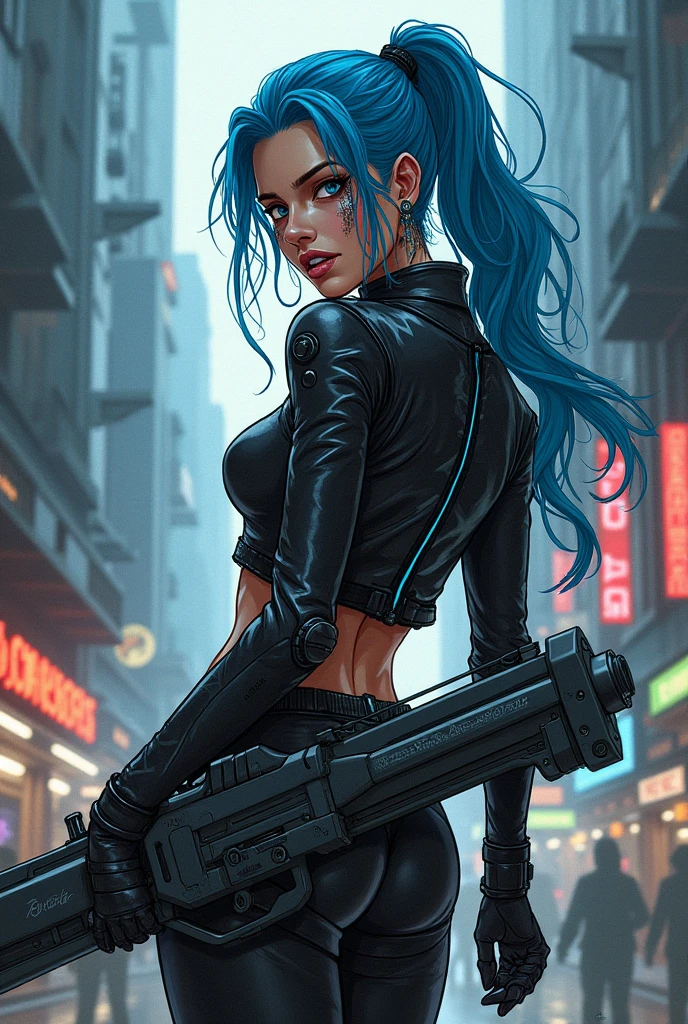 jennifer la mujer mecanica guerrera de combate (cuerpo completo), con su pelo corto , grandes ojos azules, y con el cuerpo de cristal violeta suave , que deja entrever su mecanismo interior, se encuentra en la ciudad de zalem, repleta de elementos tecnologicos .