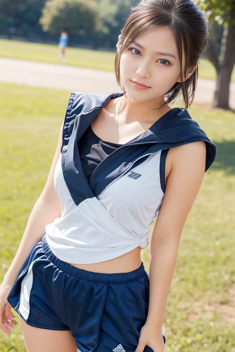 8K, RAW photos, best quality, masterpiece, Practical, Reality, (1 extreme beauty), 18 years old, The face is rich in detail, (Perfect Teeth), delicate eyes, Double eyelids, eyelash, Grin, Lip detail, Brown Hair Bob, Small Breasts, ((Sky blue volleyball uniform)), ((Red Trumpet Running))Soft Light, ((Written border depth)) 、Shot in the back、all、Stick out your ass、Legs open、slim body、Inverted Nipple, Volleyball Jacket,