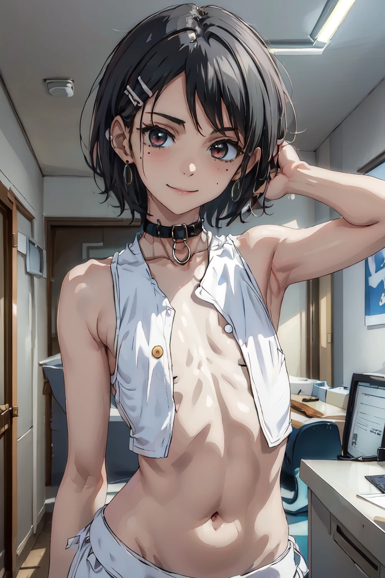 Masterpiece, best quality , High resolution , latest, 1girl , alone , Official Style , Kuchai Sauce , Black Short Hair, White Hair Clip, Red Eye, mole, Super Flat Chest 部, Office Lady , Sleeveless shirt with unbuttoned buttons to reveal chest, looking at the viewer , Smile, indoor, looking at the viewer ,Exposed armpits, shy expression , face ,Navel exposed,dark skin,Black dog collar , Black Earrings , Super Flat Chest ,