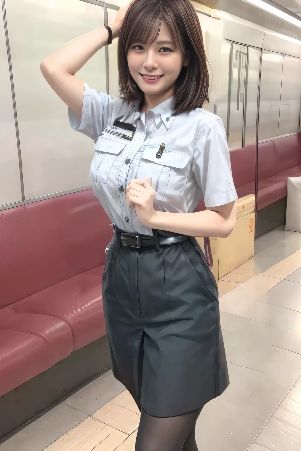 ( Masterpiece:1.2, top quality :1.2), 32kHDR, high resolution, ( alone、 in the seat)、( daytime building rooftop 、 professional lighting)、Building rooftop background、( Tokyo Metro Female Flight Attendant Uniform Lifelike Female 6 )、( Tokyo Metro Female Flight Attendant Uniform Blouse Short Sleeve 、 above knee culotte skirt 、 waist belt )、 black pantyhose 、 thick brown hair 、( collected hair 、 Hair bangs)、 thick brown hair 、 long hit 、 big breasts、 thin legs、(( amazing hands:2.0)),((harmonious body proportions:1.5)),((Normal limbs:2.0)),((Usually :2.0)),(( Delicate Eyes:2.0)),((Normal eyes:2.0)))、( Beautiful Standing Figure Wearing Tokyo Metro Female Crew Member's Uniform) 、Hands folded under the body 、 sitting has a smiling face