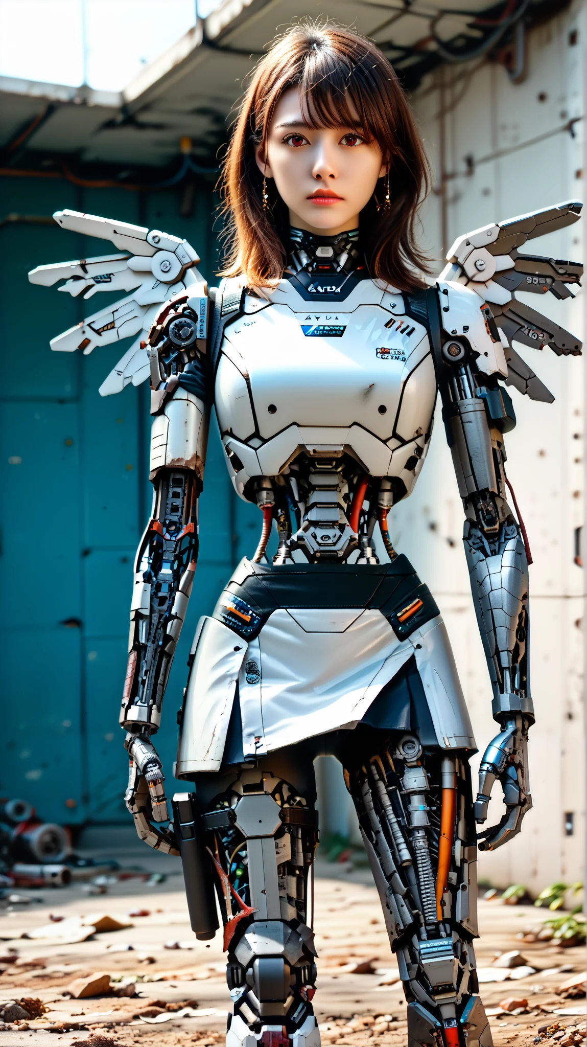 (((masterpiece))), (realism, realism texture, (science fiction, distant future), (top Quality, High Quality, top resolution, high resolution, (ultra detailed, high detailed))), (beautiful robot woman , woman is incredible machine:1.2), (beautiful face), (thin lips, wide mouth), red-lighting eyes, (robot white armor:1.3), machine frame, skirt, (steel knee-high greaves, (mechanical hands)), robot joint, (robot neck joint:1.2), (electronic component, damaged machine parts, big winged jet engine wing, broken neck, (broken leg), severed arms, robot torso:1.3), (Mechanical Gun Holster:1.3), Expressionless face, (cowboy shot:1.5), abandoned battefield, (closed mouth), (take a knee:1.3)