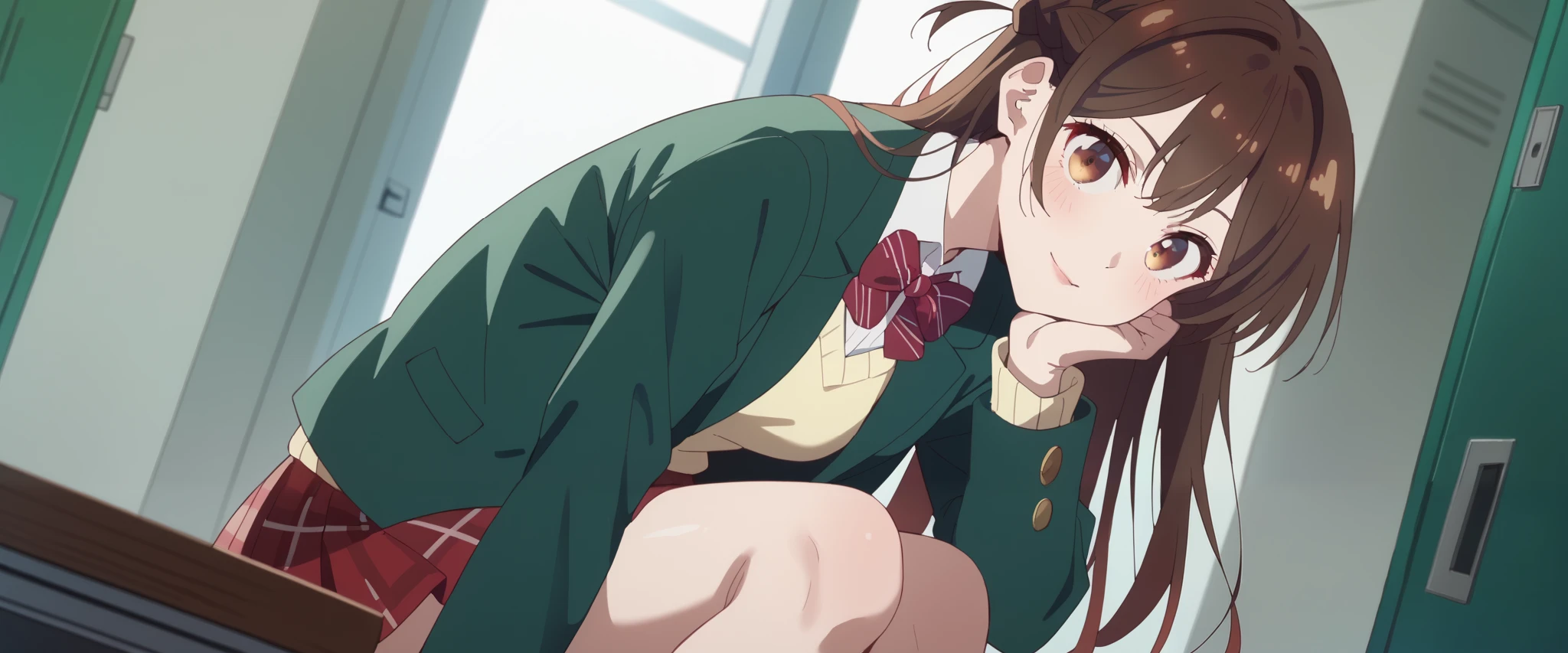 green, half-open, stares at the viewer, Alone, Chizuru Ichinose, 1 girl, brown hair, long hair, French Braid , brown eyes, school uniform , green jacket, yellow sweater , bow tie, plaid skirt that breaks small breasts, red skirt, Black Sox, indoors, locker, window_,sunset, Closeup Shot, thighs、 holding your knee