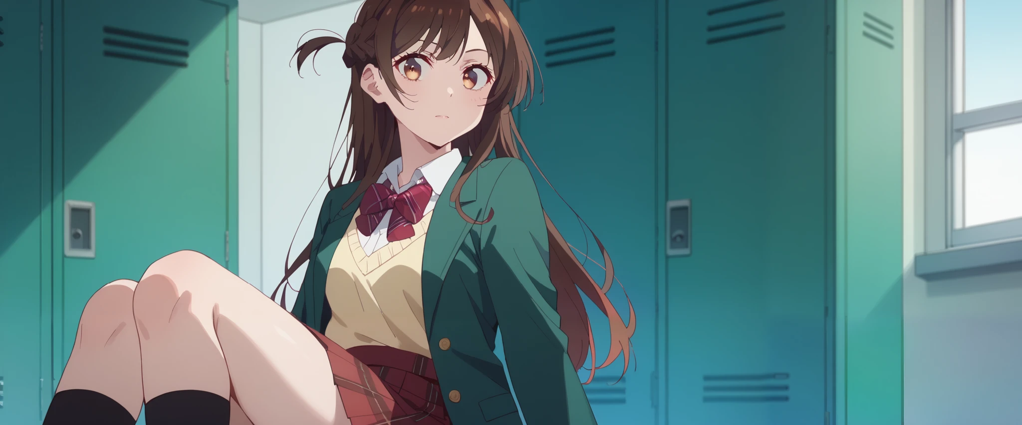 green, half-open, stares at the viewer, Alone, Chizuru Ichinose, 1 girl, brown hair, long hair, French Braid , brown eyes, school uniform , green jacket, yellow sweater , bow tie, plaid skirt that breaks small breasts, red skirt, Black Sox, indoors, locker, window_,sunset, Closeup Shot, thighs、 holding your knee