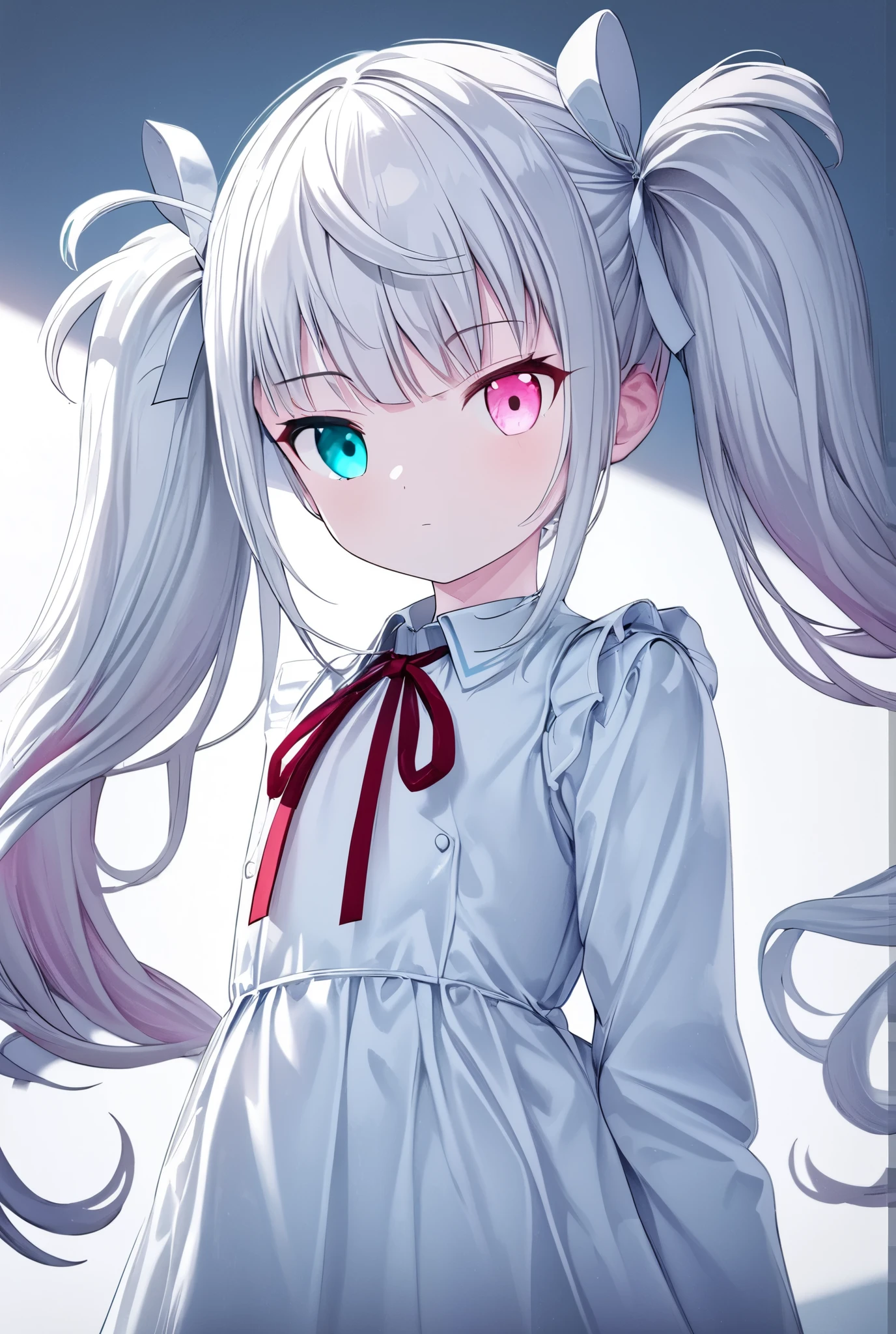nsfw 1 girl,Nigomiku\( project sekai \), heterochromia, Aqua Eyes, pink eye, long hair, twin tails, Silver Hair, white hair ribbon, gradation hair streaming on youtube,break (white dress, Long Sleeve, neck ribbon),cowboy shot, expressionless , Masterpiece, top quality, Super Detail, 8K portrait ,unity 8k wallpaper, Ultra Precise Illustration school uniform