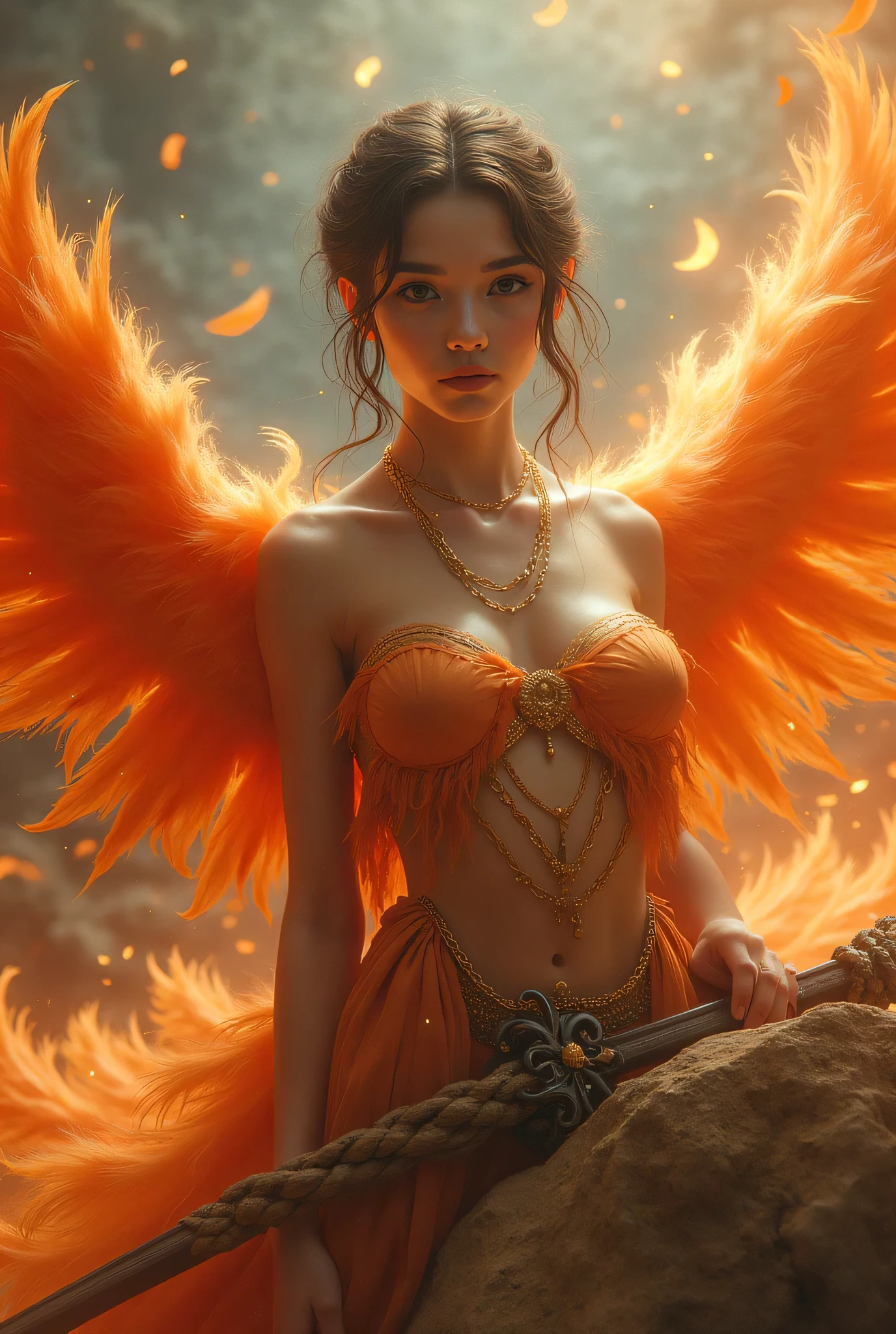 (8k, Top Quality, Masterpiece), ( by Nomi , photo by Nomi : 1.37), very detailed, one girl , { Phoenix Princess }, Wide angle , Big bouncing breasts , Very delicate depiction , Miniature Paint , short braided hair , correct skeleton, Intricate Patterned Chain Chain , Braided Chain Chain , Equipped with a long, large, feathered sword、 dreamy ,Super by Nomi mixed fantasy world , by Nomi a combination of elements and fantastic elements ( Swirling Fire with Feathers :1)、 facing the camera 、Secure your body with a chain to a rock
