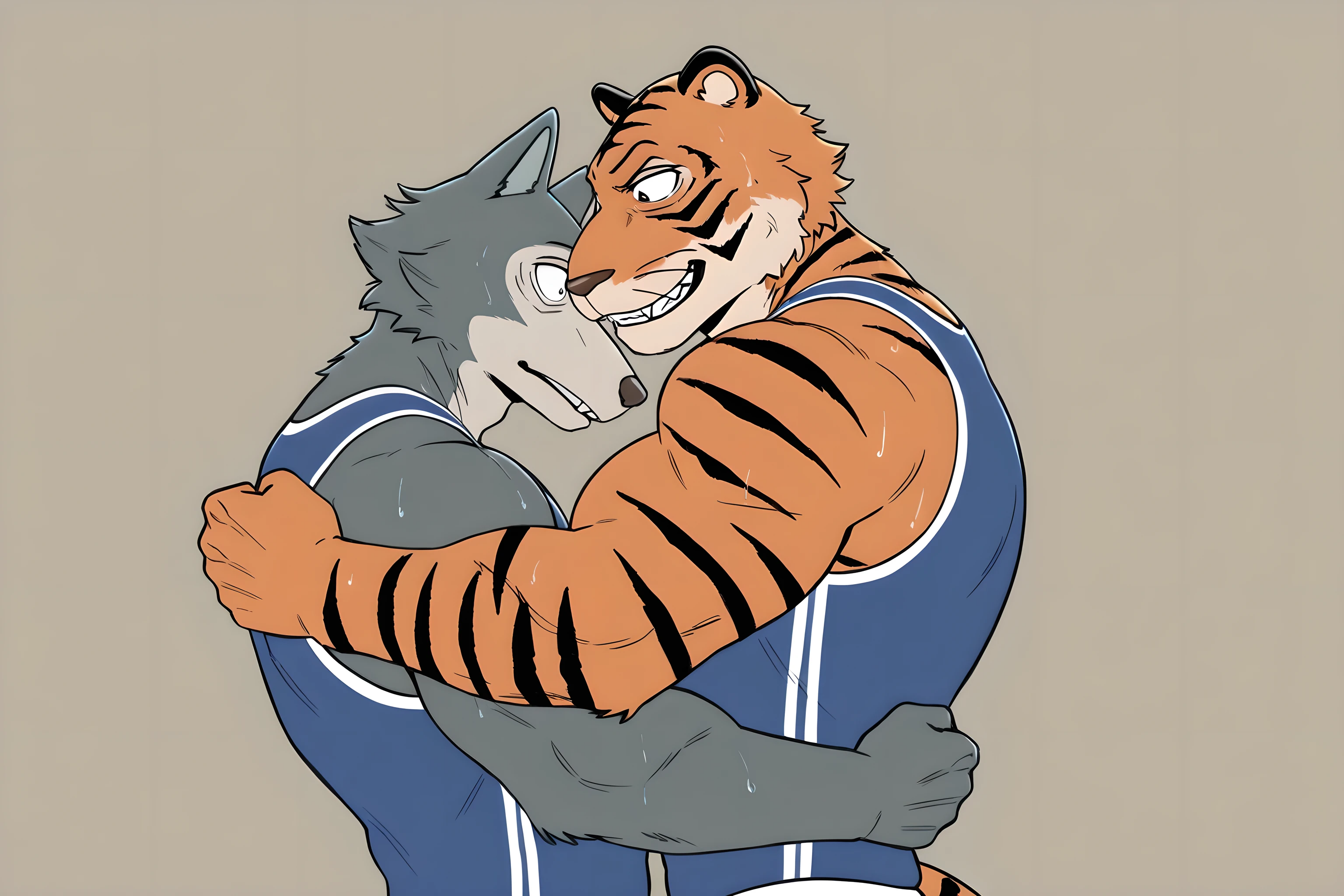 l3gosh1, beastars, male, wolf, muscular, athletic, masculine, (small eyes), BillBeastars, male, anthro, bengal tiger, tiger, beastars, brown eyes, muscular male, athletic build, orange fur, black stripes, flat color, sweaty wrestling_singlet, simple background, sweaty body, wrestling theme, two characters, multiple characters, side view, standing, flexing, bulging muscles, veiny bicep, grin, shock, looking at arm